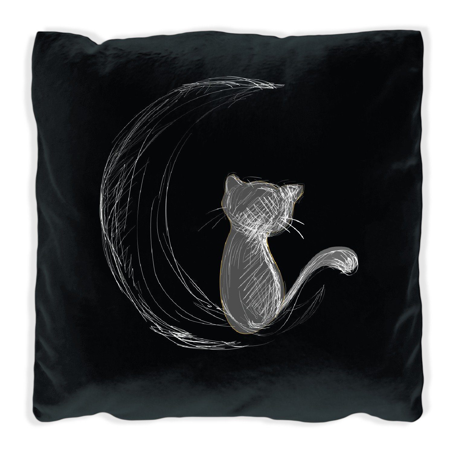 Wallario Dekokissen Katze sitzt auf dem Mond - illustriert in weiß auf schwarz, handgenäht