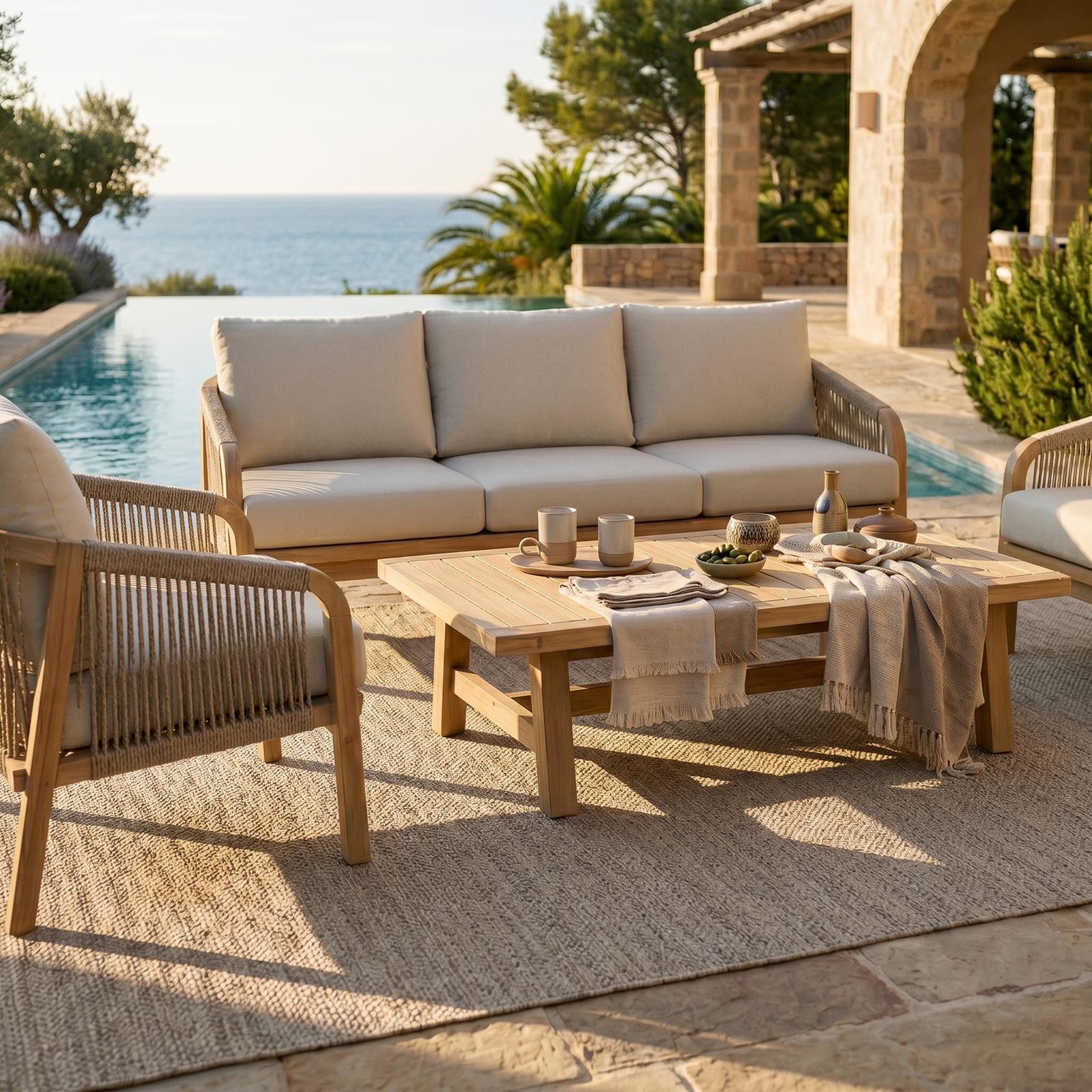 IDIMEX Gartenlounge-Set SANYA, (4-tlg), Outdoorset aus massivem Akazienholz 4-teilig mit Polstern Natur/Beige
