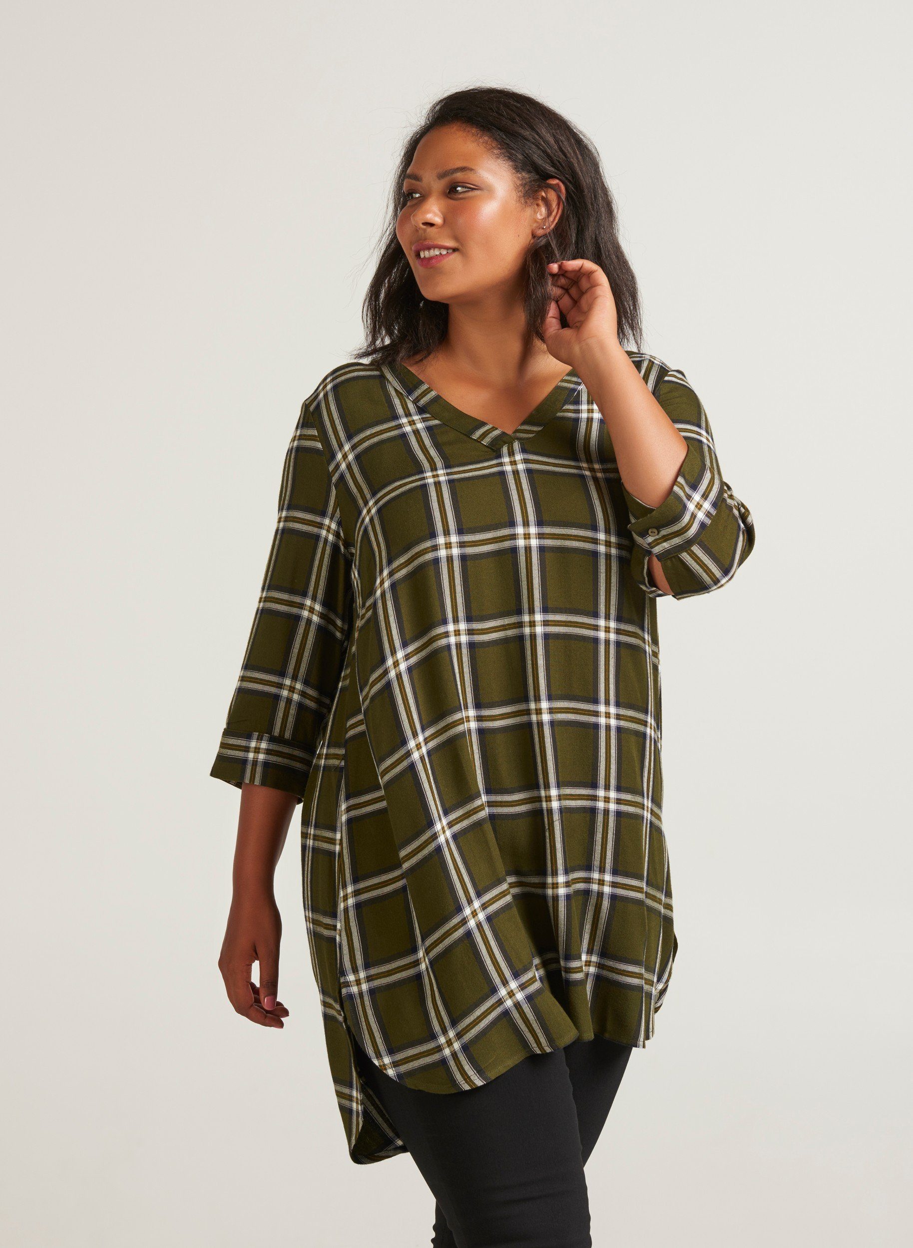 Zizzi Tunika Damen Große Größen Tunika Elegant Kariert 3/4 Arm Frühlings Bluse online kaufen OTTO