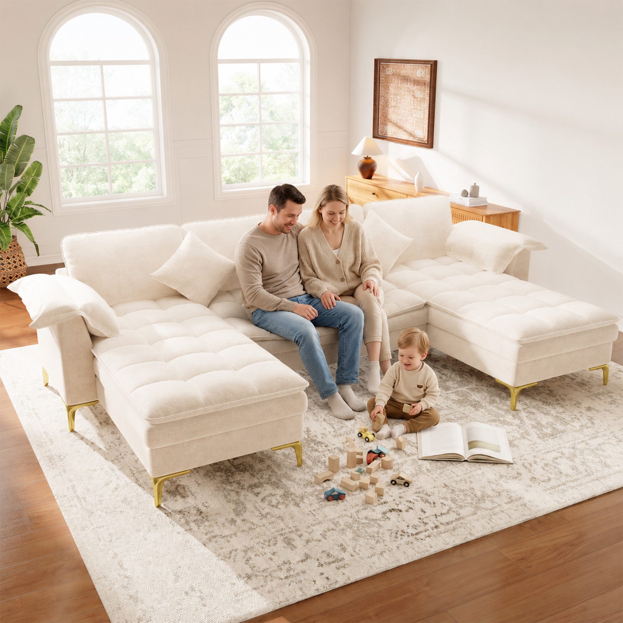 i@home Ecksofa U‑förmiges Sofa mit 2 Chaiselongues, 4‑Sitzer Moduldesign, doppellagigen Schaumkissen, Chenille, geeignet für Wohnzimmer, Beige
