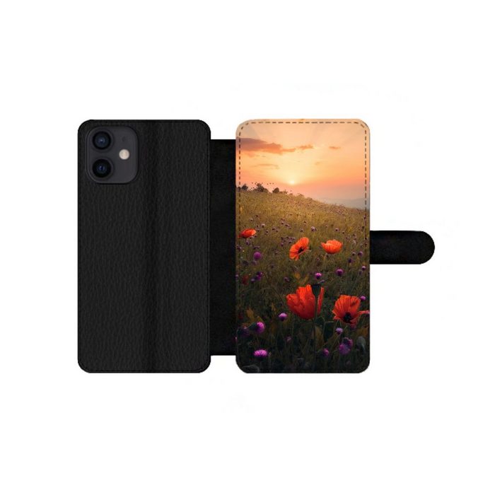 MuchoWow Handyhülle Blumenfeld - Gras - Pflanzen - Sonnenuntergang - Orange Handyhülle Telefonhülle Apple iPhone 12 Mini