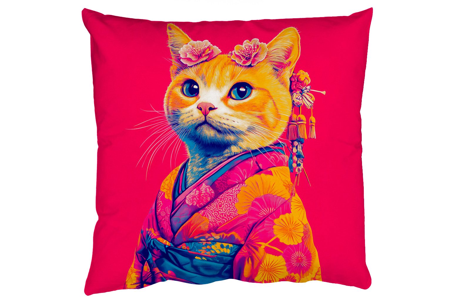 MuchoWow Dekokissen Katze - Kimono - Blumen - Rosa, Zierkissen, Deko Kissen mit Füllung, Sofakissen, 60x60 cm