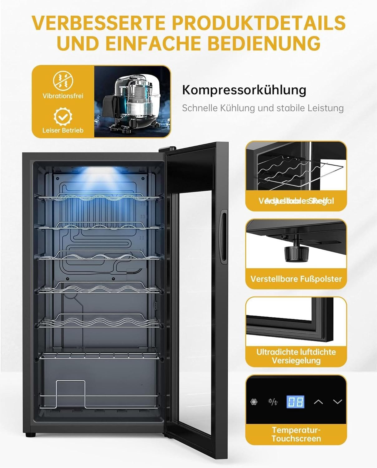 WIE Weinkühlschrank,für 28 Weinflaschen und insgesamt 77 Liter mit Anti-UV Glas 5-18°C