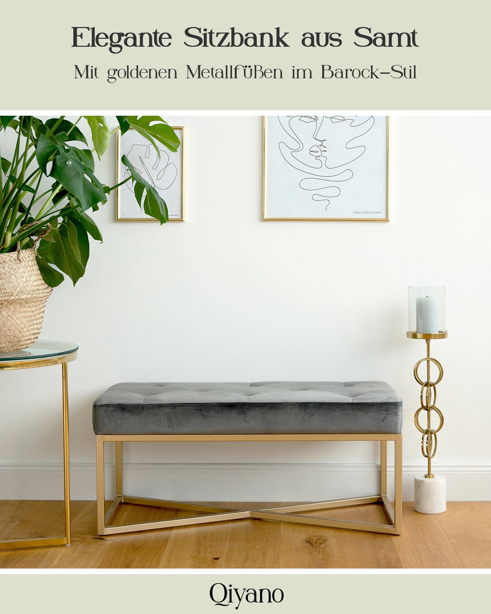 Qiyano Sitzbank Gesteppte Sitz- Polsterbank goldenen Samt Metallfüßen Grau mit Barock-Stil