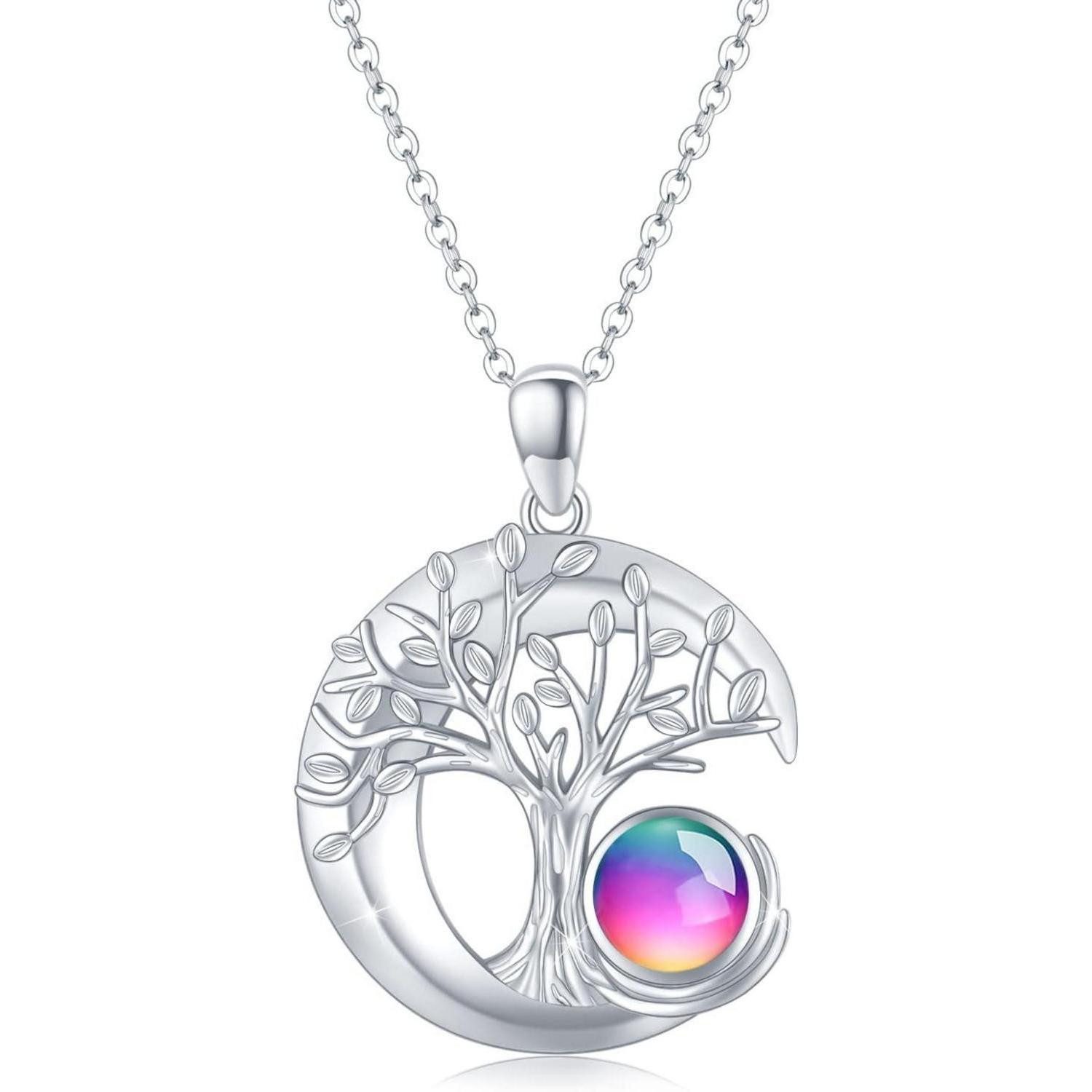 Kette mit Anhänger Halskette Lebensbaum Anhänger 925 Silber Damen 45cm Mondstein 2