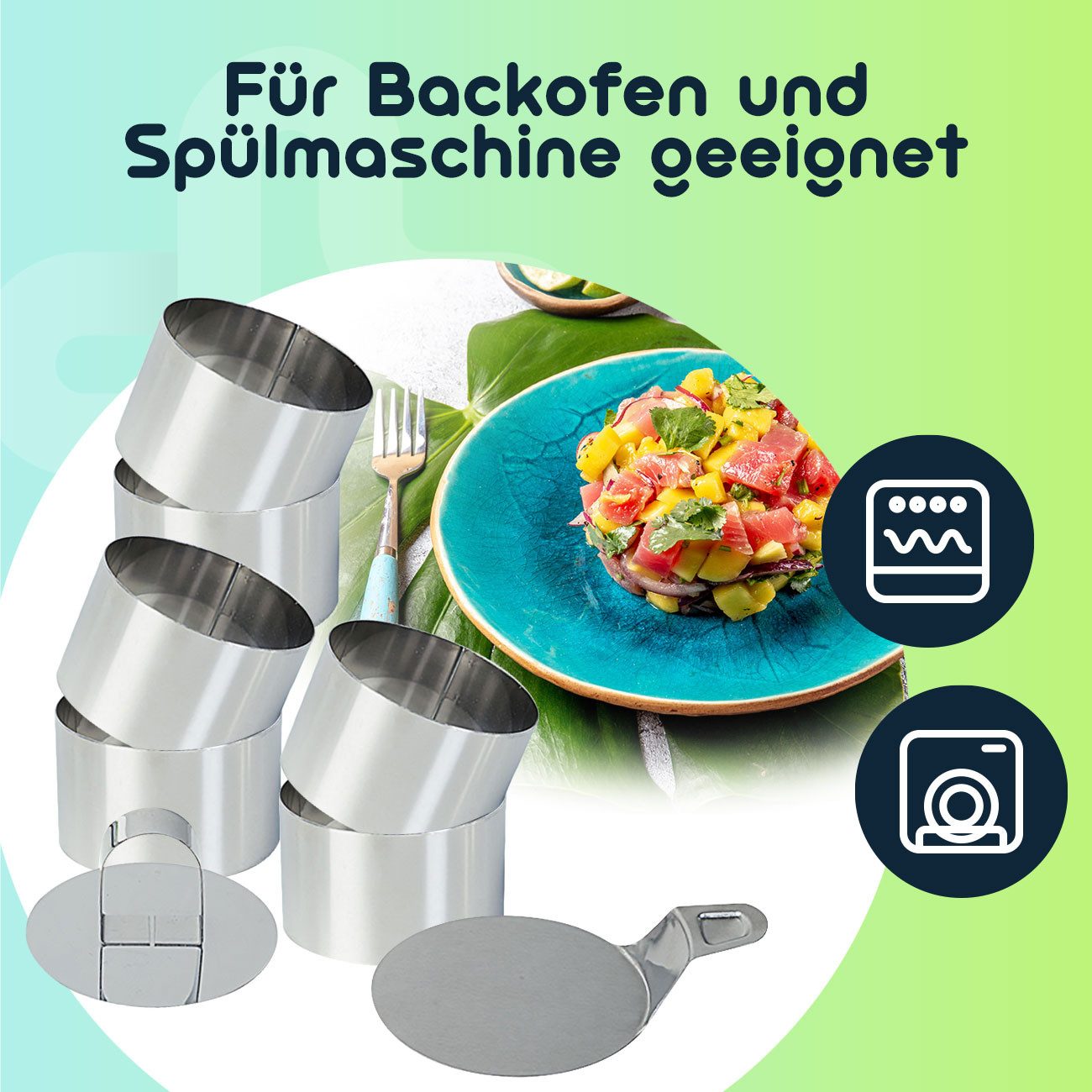 Casativo Speisering Dessertringe Speiseringe 6er Set Edelstahl Anrichtringe mit Stampfer, (6 tlg., 6er-Set), Je Ring Ø 8 x 5 cm/rostfrei/mit Heber & Stampfer