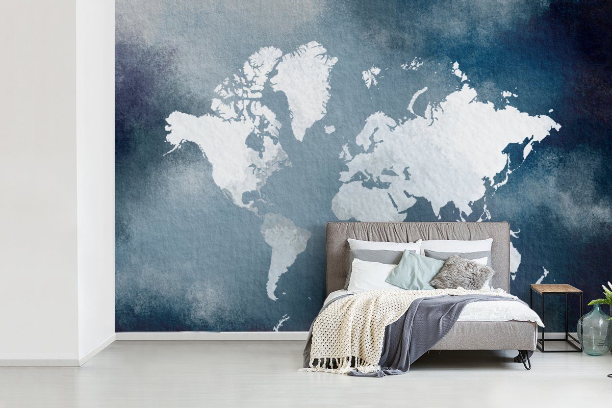 - Weltkarte für - Blau, bedruckt, MuchoWow Vinyl Kinderzimmer, Schlafzimmer, (6 Wallpaper Aquarell Tapete Matt, Wohnzimmer, Fototapete St),