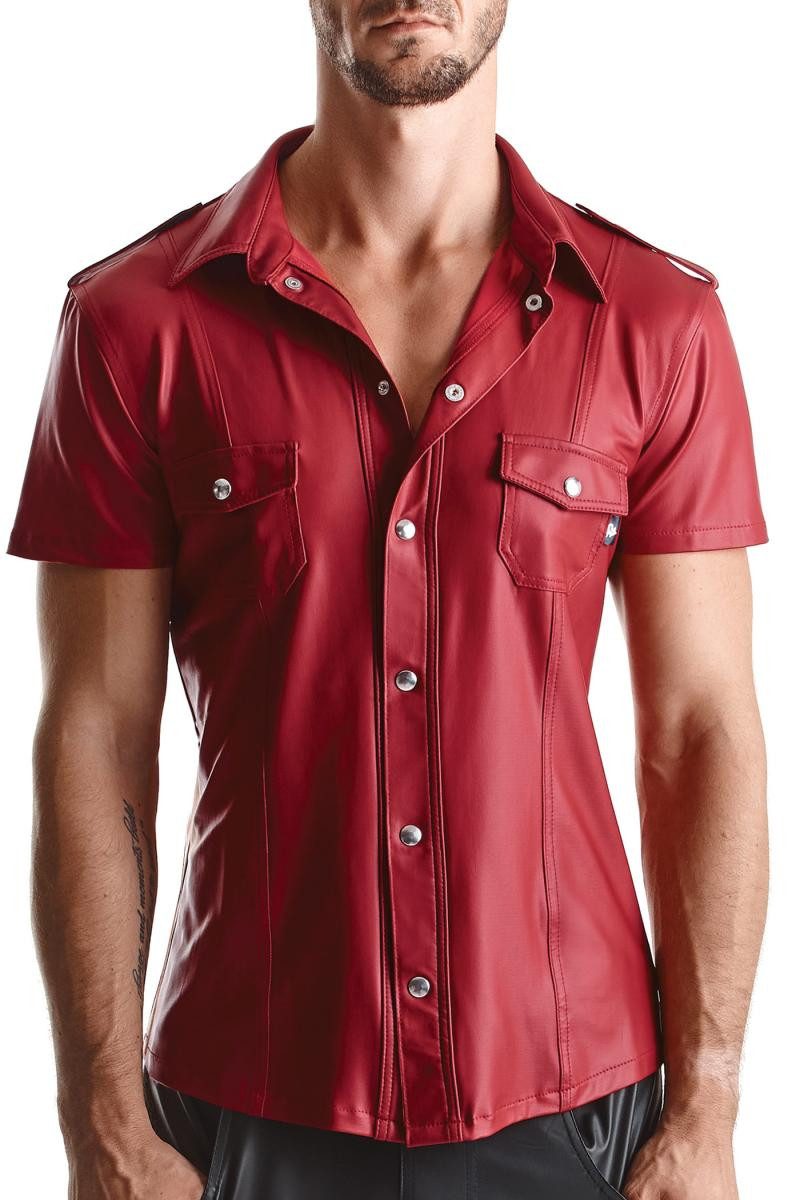 Regnes Fetish Planet Kurzarmhemd Herren Hemd rot blickdicht aus dehbarem Wetolook Material mit Druckknö