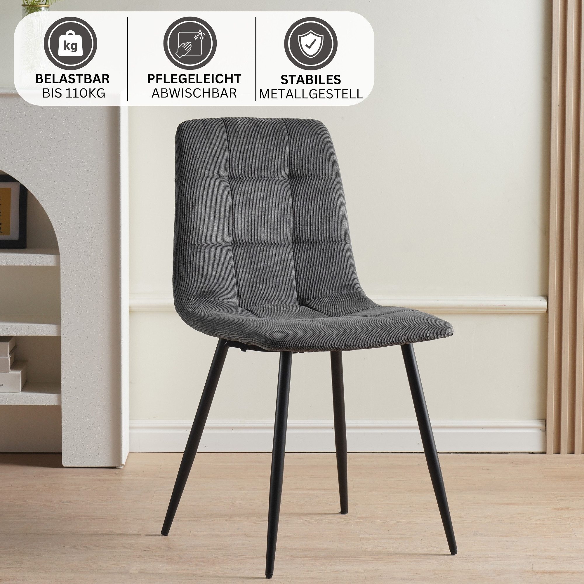 Albatros International Esszimmerstuhl Esszimmer Stühle 4 er Set BORA, Stuhl Stühle Esszimmerstühle, Küche (4er Set Anthrazit Cord Bezug), Küchenstuhl Küchenstühle Essstühle für den Esstisch Ess Stühle