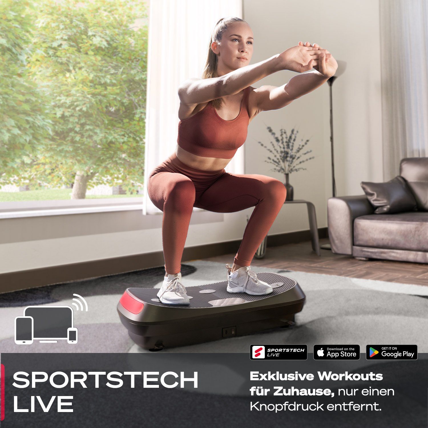 Sportstech Vibrationsplatte VP400, 4D Multiachsen, 60 Intensitätsstufen
