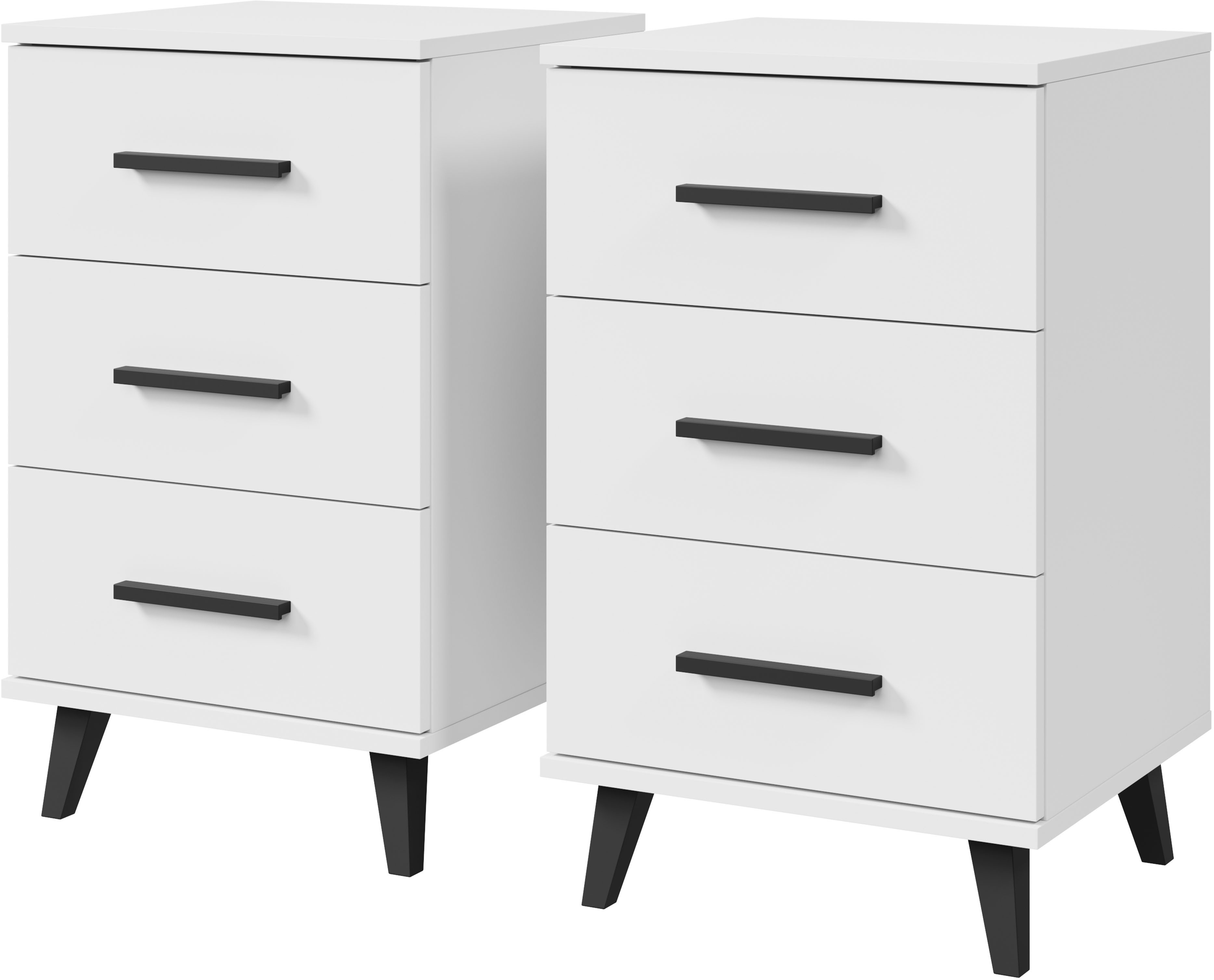 Nachtkommode Lagos, 2 Nachtschränke, 3 Schubladen, schwarze Griffe & Füße