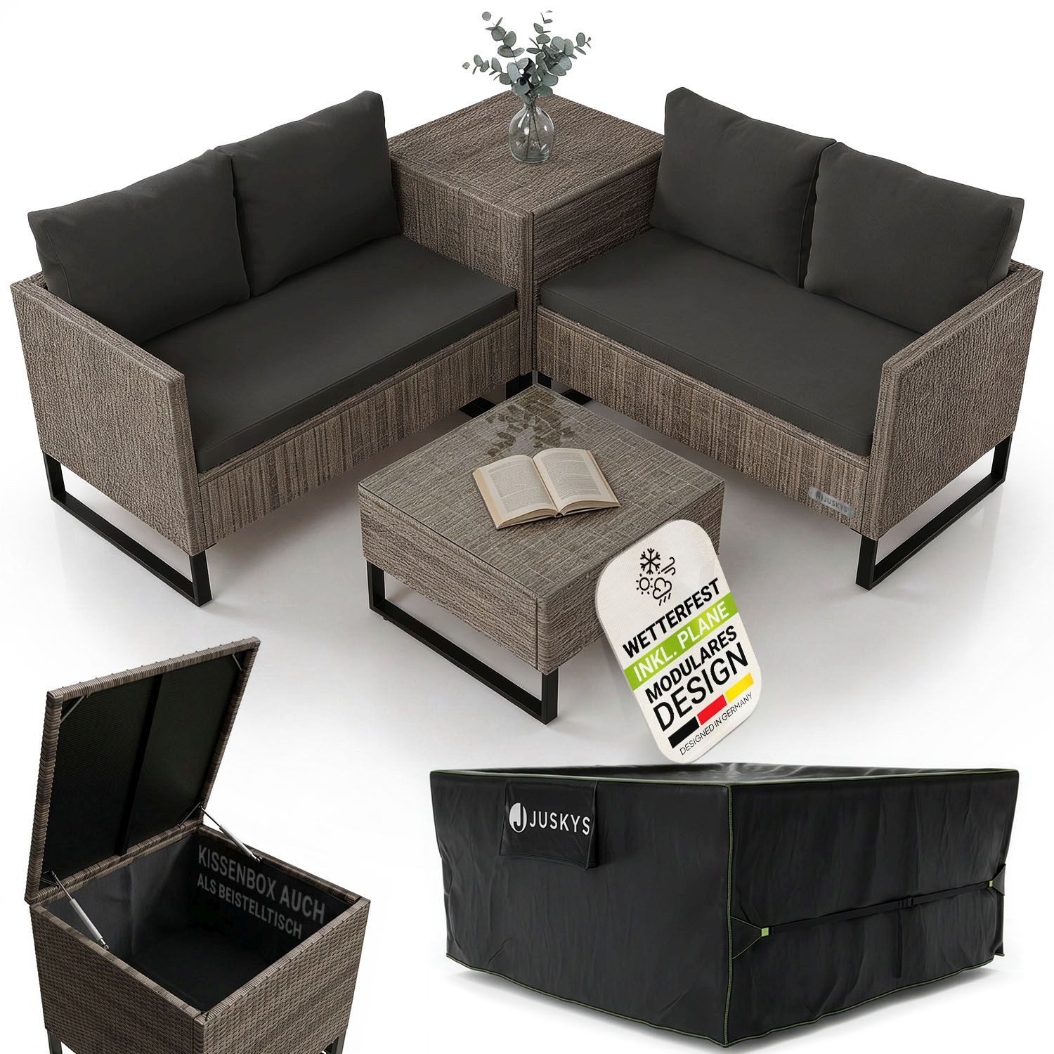 Juskys Gartenlounge-Set Santorini, (4-tlg), Polyrattan Sitzgruppe mit Beistelltisch & Auflagenbox, Abdeckung