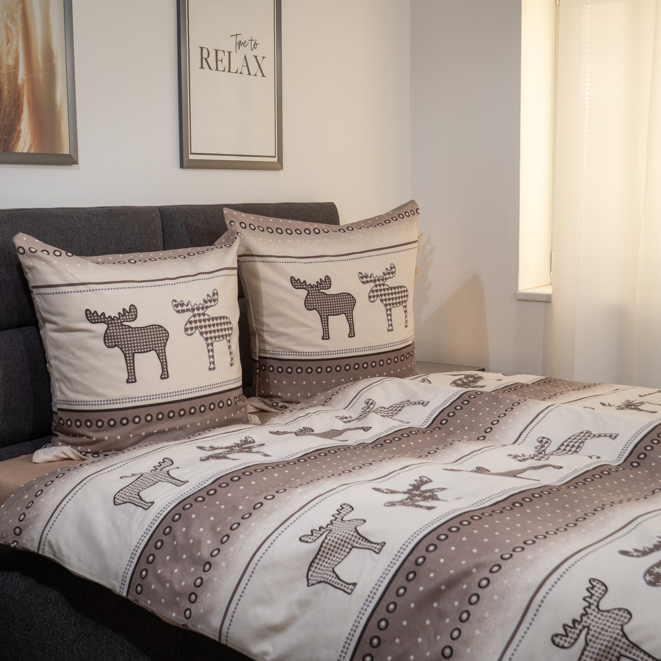 DOBNIG Bettwäsche Flanell, Flanell, 2 teilig, Elch, weihnachtlich, taupe günstig online kaufen