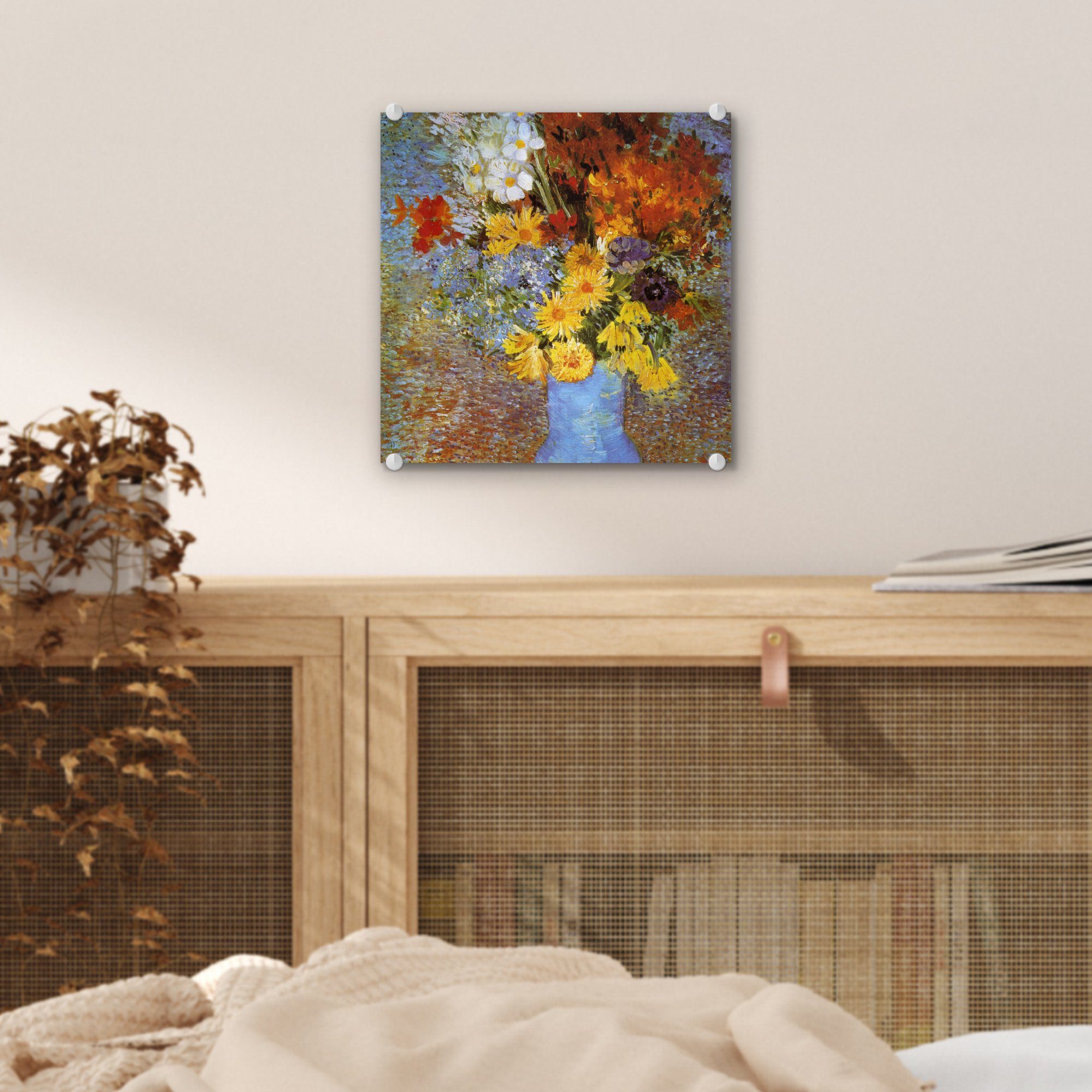 Gogh, Acrylglasbild - Gemälde - Wanddekoration auf mit auf und - Gänseblümchen Vase von Glas St), Vincent MuchoWow (1 Glasbilder Wandbild Glas - Foto Anemonen van Bilder