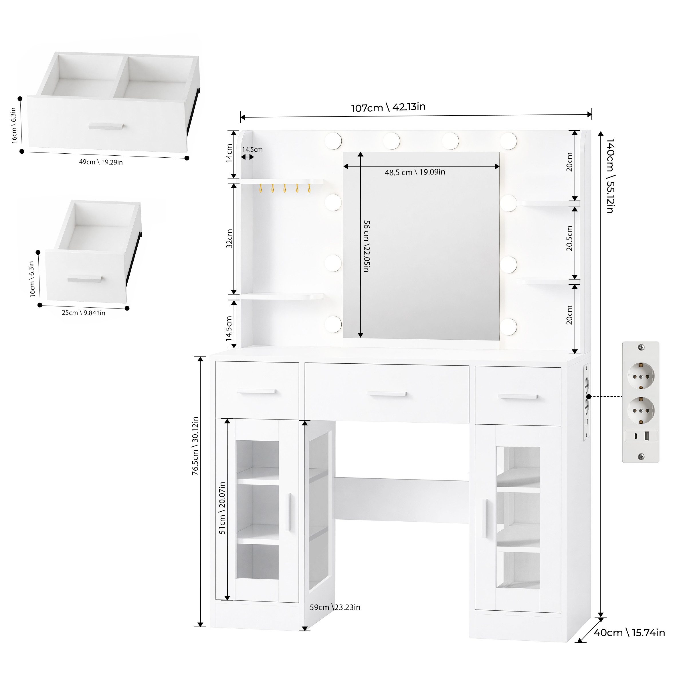 oyajia Schminktisch mit Spiegel, RGB LED-Beleuchtung, Steckdosenleiste (3 Schubladen+4 offene Fächer, 107x140x40 cm), mit Spiegel und 2 luxuriösen transparenten Vitrinen mit RGB