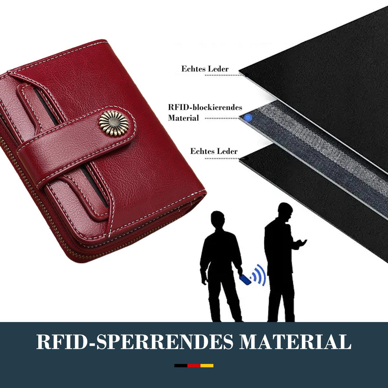 MAGICSHE Brieftasche Echtes Leder Weinrot Geldbörse, Schild Reißverschluss RFID mit Geldbörse, kleine Münzfach Clip und Damen