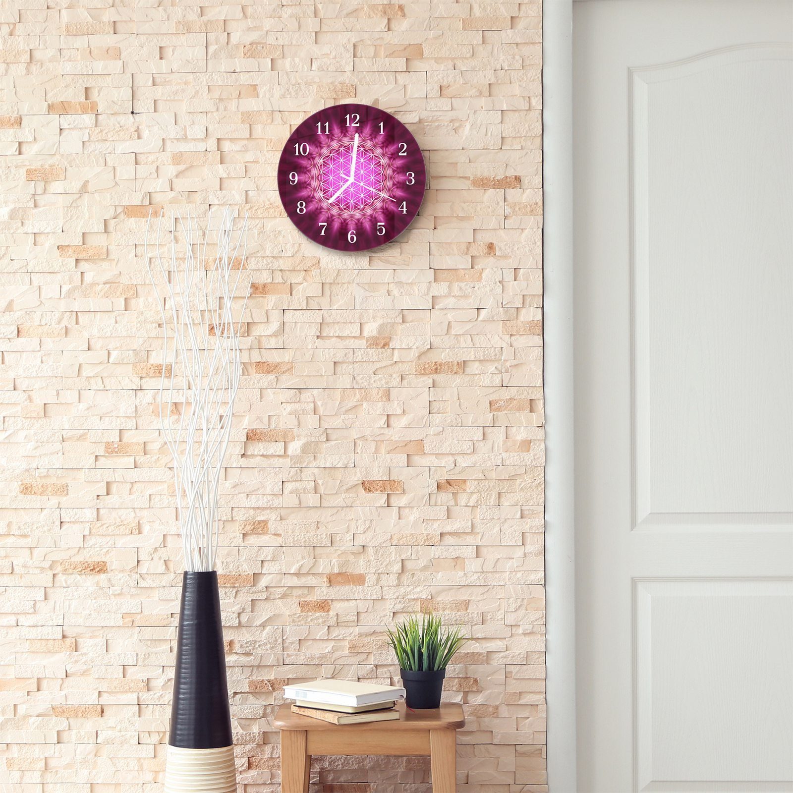 Digitale abstrakte - mit Wanduhr Blüte aus Rund Motiv cm Durchmesser Wanduhr Primedeco und mit Quarzuhrwerk 30 Glas