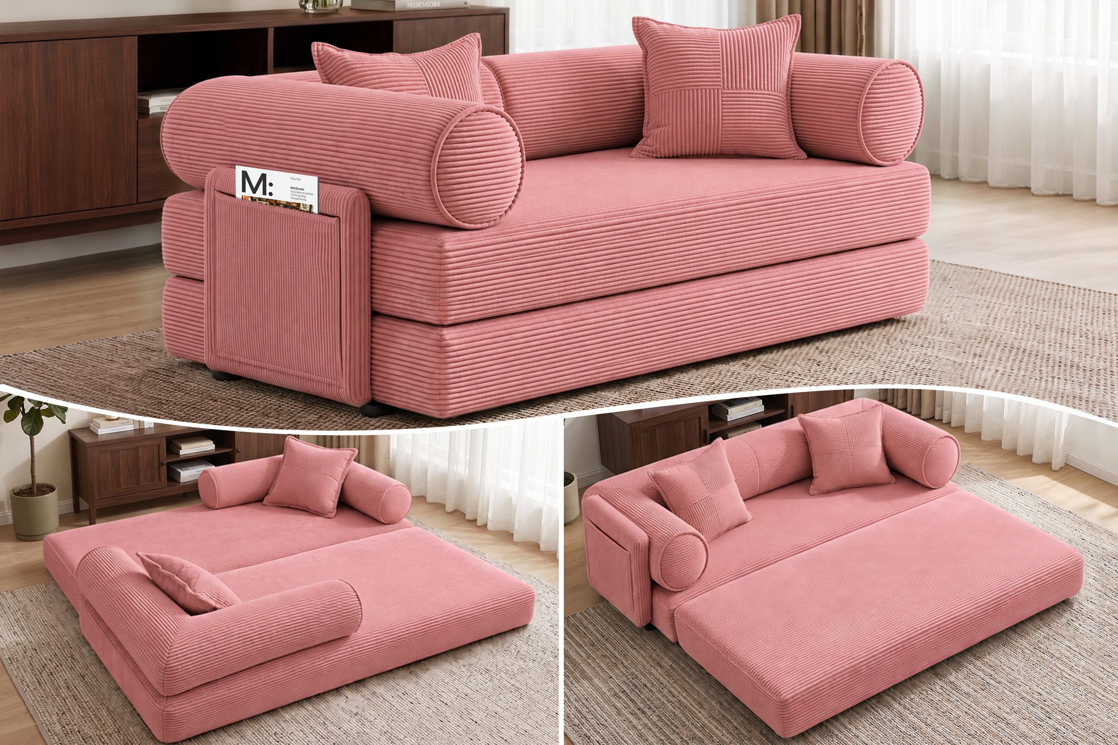 Hoolamyie Sofa Cord-Schlafsofa, 200 cm breit, Ausklappbar, Ohne Montage, bis 350 kg, 2-Sitzer, 70 cm Sitztiefe, 40 cm Sitzhöhe, inklusive 2 Kissen