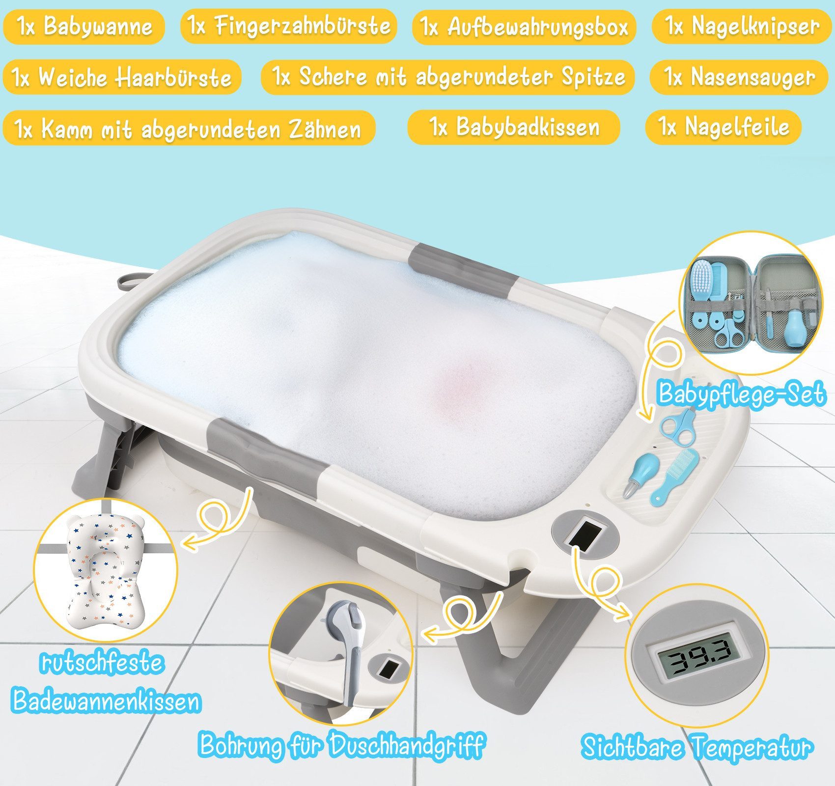 ElitVita Babybadewanne Babybadewanne faltbar mit Kissen & Pflegeset,0-12 Monate Babywanne, (1-tlg), Babybadewanne mit Anti-Rutsch-Kissen,Thermometer