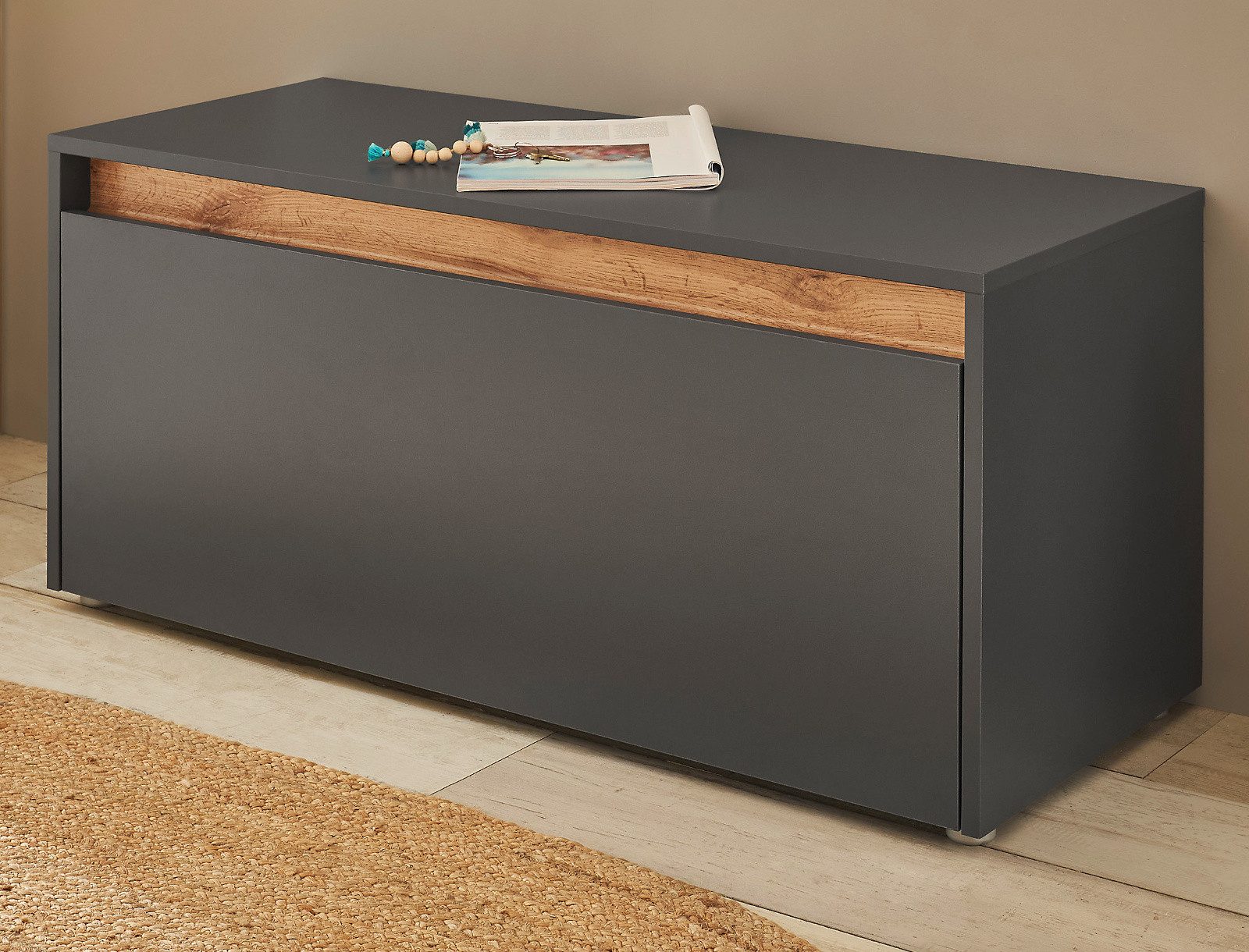 Furn.Design Schuhbank Center (Garderobenbank in grau matt mit Wotan Eiche, 100 x 45 cm), mit 4 Fächern