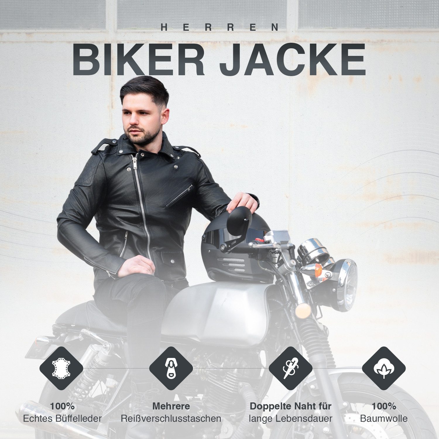 PAULGOS Lederjacke Herren Biker Jacke Motorradjacke Motorrad 100% Echtleder