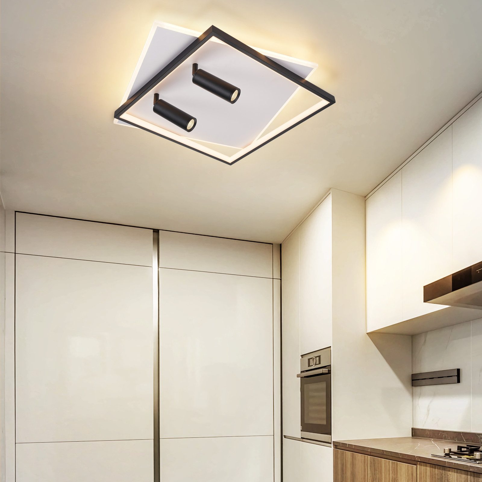 Nettlife LED Deckenleuchte Deckenlampe Schwarz Rund 52W Dimmbar mit 2 Deckenstrahler Modern Acryl, Dimmbar mit Fernbedienung, LED fest integriert, mit Fernbedienung für Schlafzimmer Küche