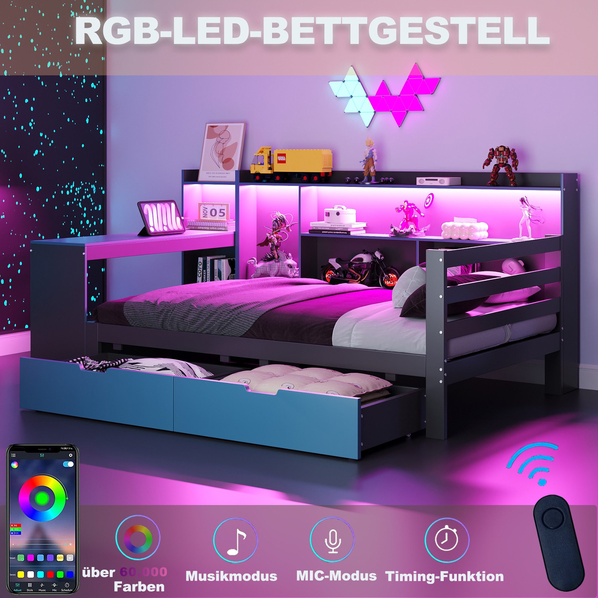 OKWISH Schlafsofa Kinderbett Funktionsbett, mit Schubladen, integriertem Schreibtisch, Regalen, Staufächern, Beleuchtung und Steckdosen 90x200 cm, ohne Matratze