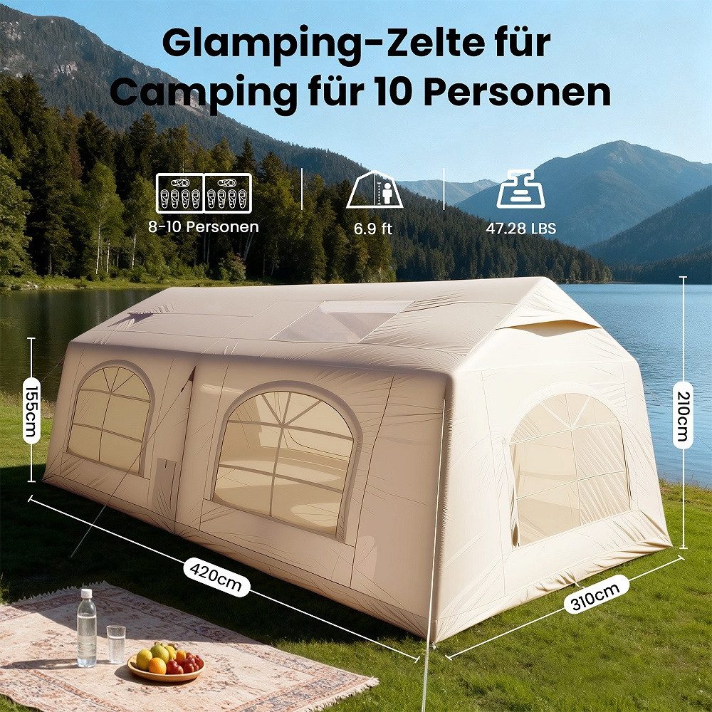 Meulbaty aufblasbares Zelt Camping Zelt Sufblasbar mit Kaminöffnung & Dachfenster Vordach, Personen: 10 (1 tlg), 10-12per XXL, ohne Markise