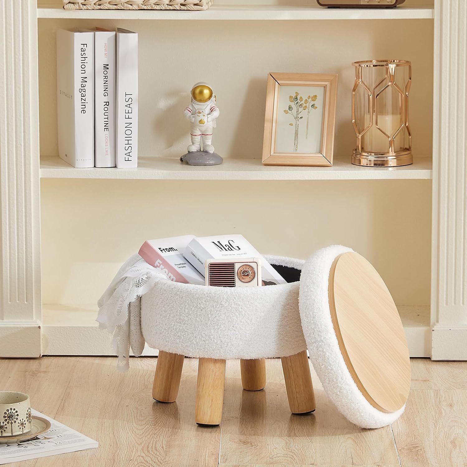 BlingBin Sitzhocker Teddy Samt Fußhocker mit Stauraum, 34cm Runder Polsterhocker (1 Stück, 1 St., Ø34cm), Mini Ottomane Fußstütze für Wohnzimmer Couch Eingang