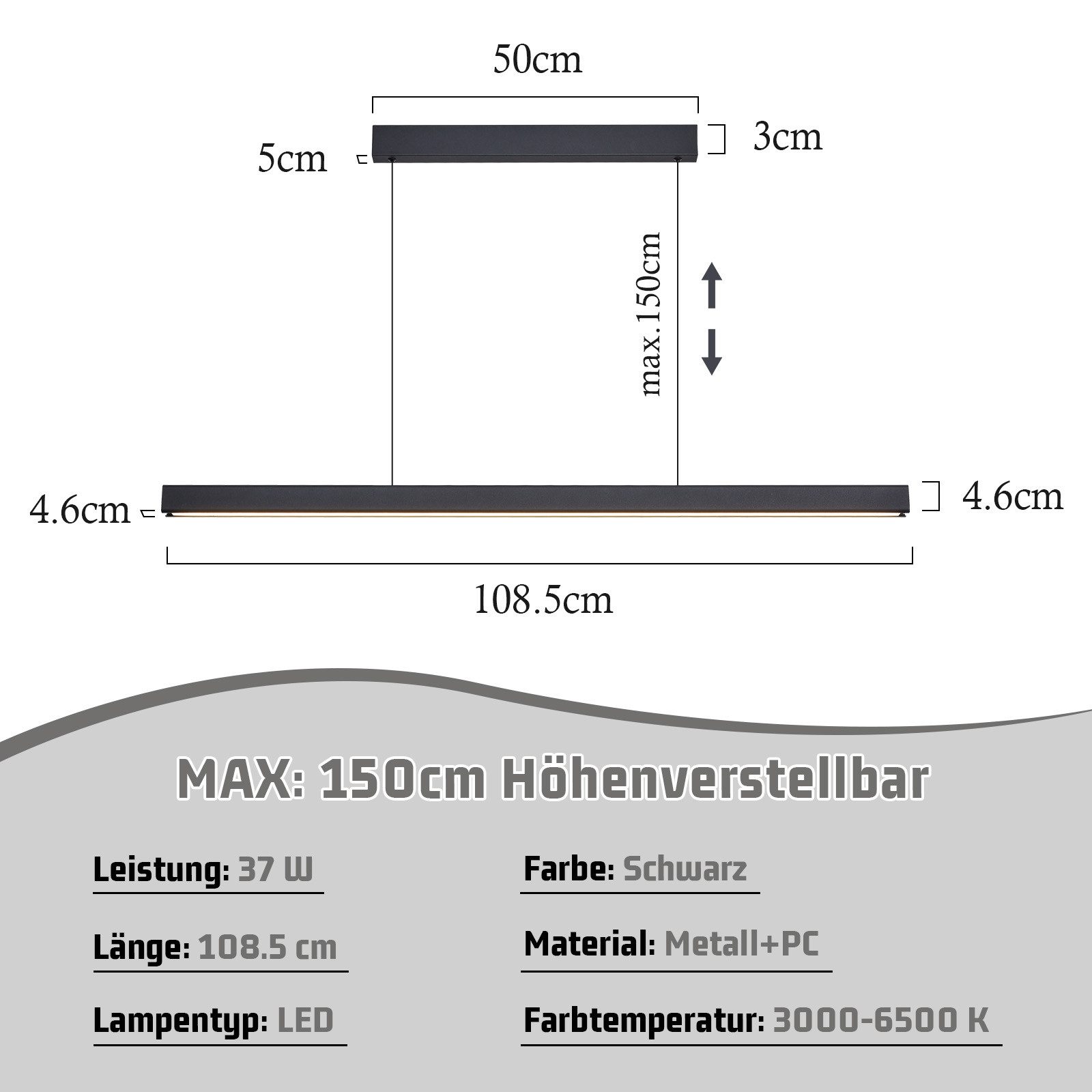 Nettlife LED Pendelleuchte Modern Schwarz Fernbedienung 108/148.5 cm 37/50W Hängelampe Esszimmer, LED fest integriert, Dimmbar, Esstisch Pendellampe für Küche Bar Wohnzimmer Schlafzimmer Büro