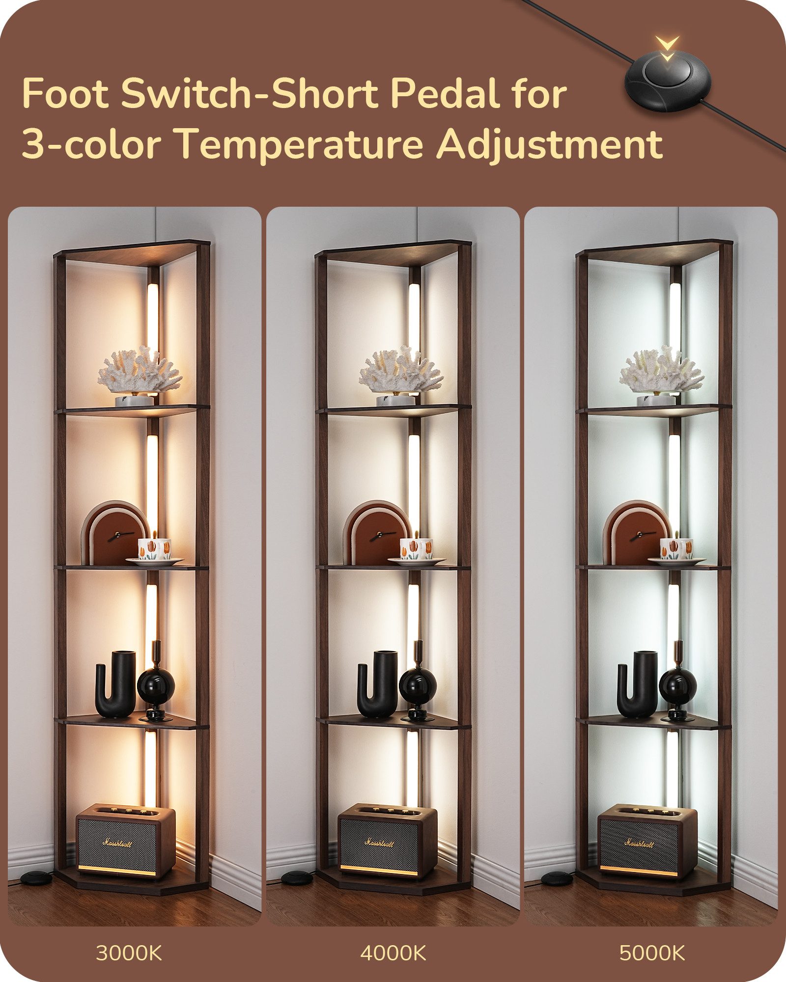EDISHINE Stehlampe Wohnzimmer Dimmbar, Standleuchte mit Ablage, Ohne RGB, LED fest integriert, warmweiß bis kaltweiß dimmbar, LED Dimmbar Stehleuchte, Regal mit Licht