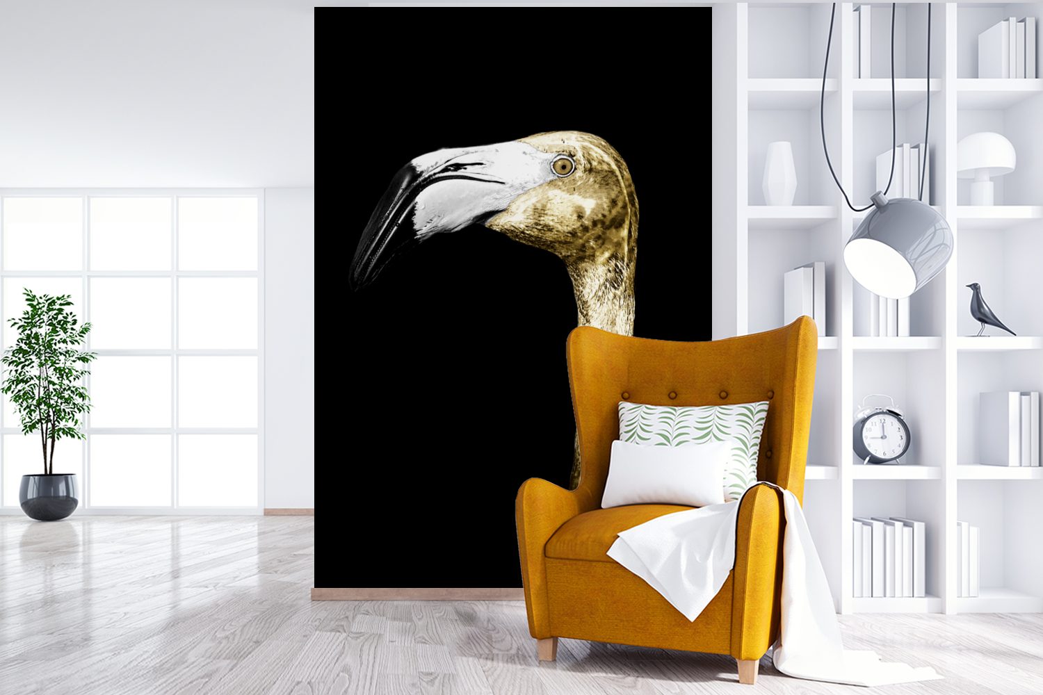 - MuchoWow Gold Montagefertig für bedruckt, Wohnzimmer, Wandtapete (3 - Tapete St), Vinyl Flamingo Matt, Porträt, Fototapete