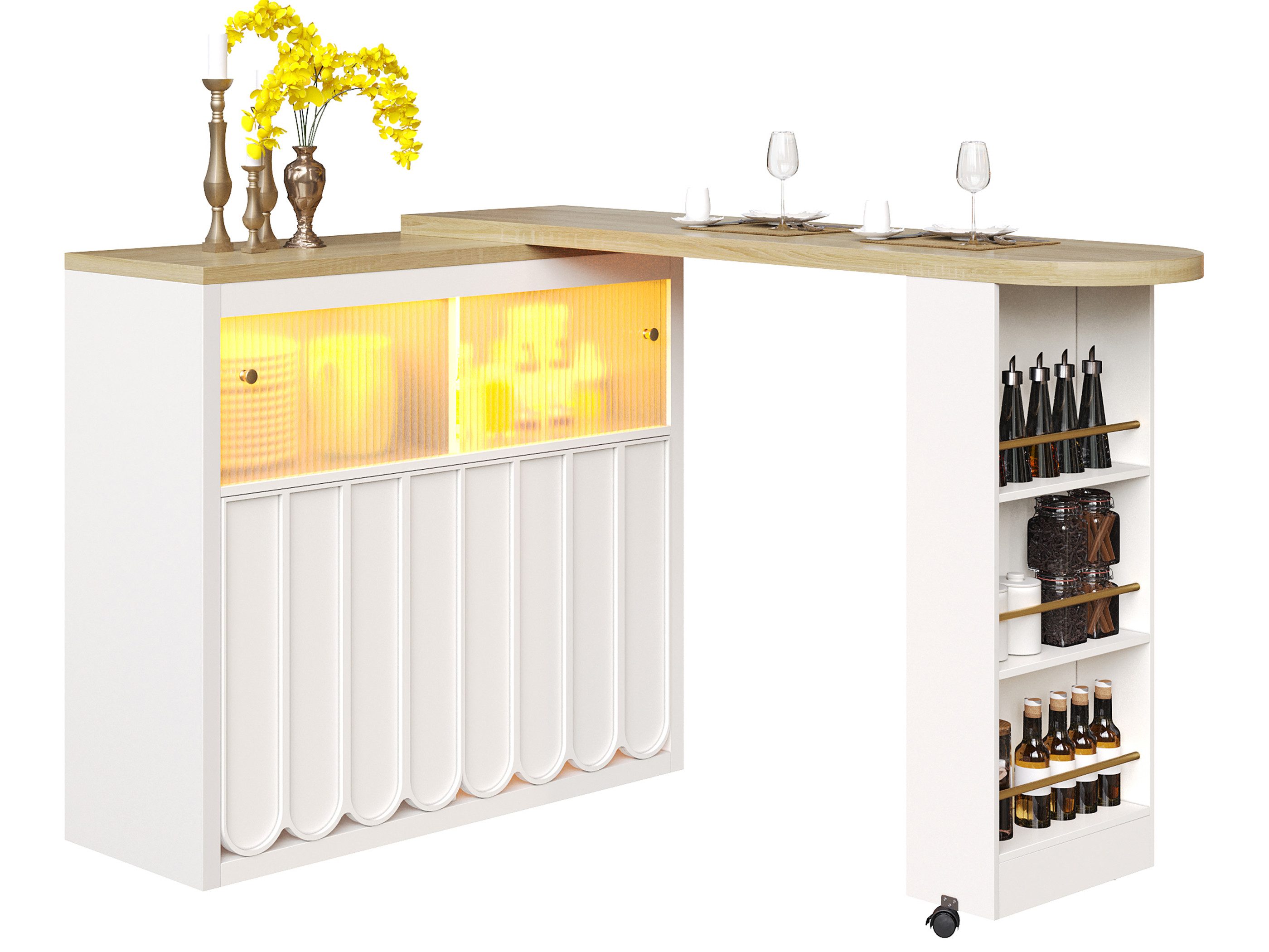 SeedWave Bartisch Ausziehbarer Klapptisch bis 205cm, Staufächer mit LED-Beleuchtung, Bartheke auf Rollen, 3 Ablagen, 2 Glastüren, 2 grifflose Türen