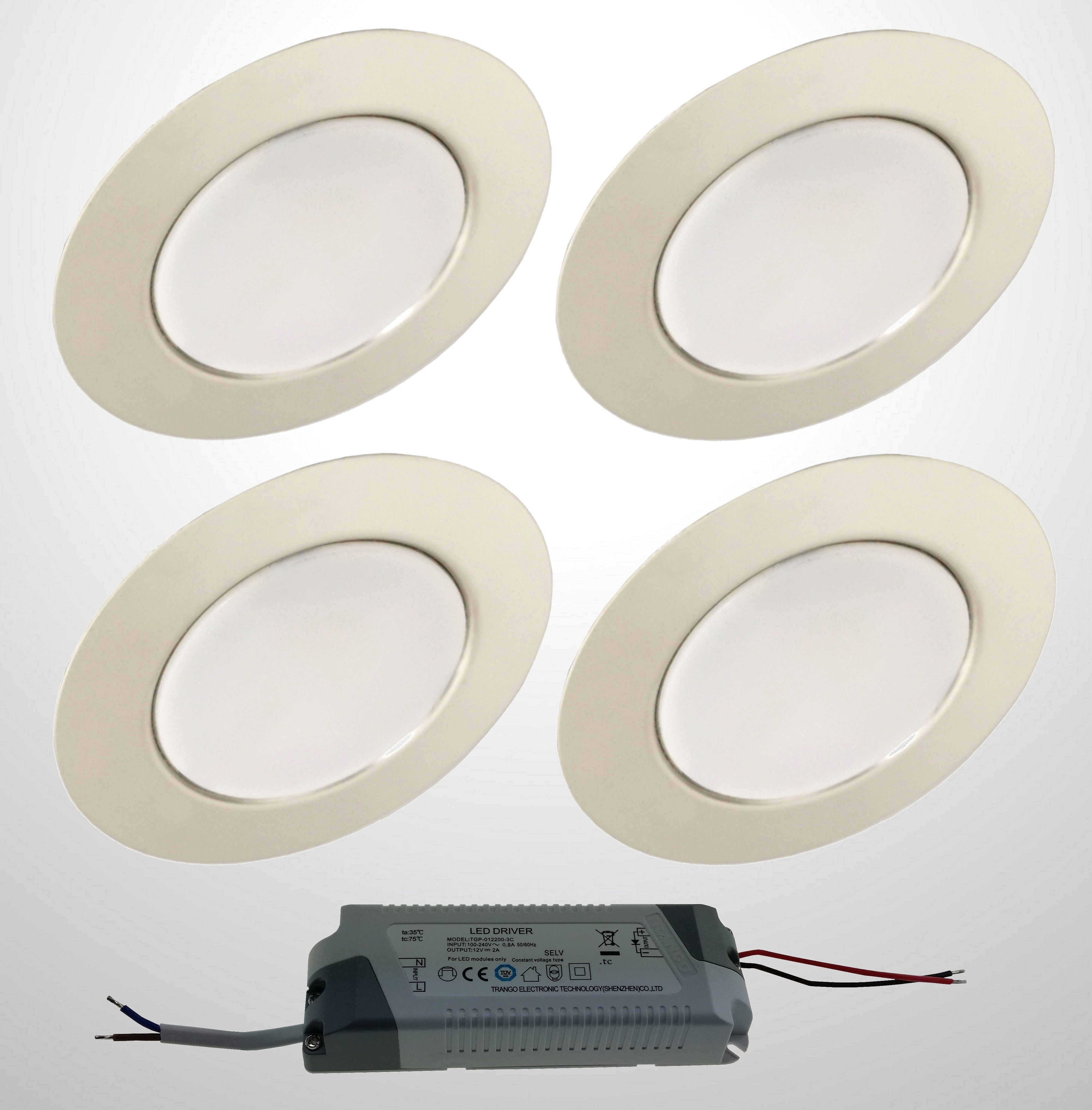 TRANGO LED Einbauleuchte, 4er Set G4E-048T LED Möbel Einbaustrahler 12Volt AC/DC inkl. 1 x LED-Trafo (12 Volt - 2000mAh) Schrank-Einbauleuchte in Chrom-Optik, Deckenleuchte, zum Austausch G4 Halogen Möbelleuchten, Küchenhaube-Leuchten
