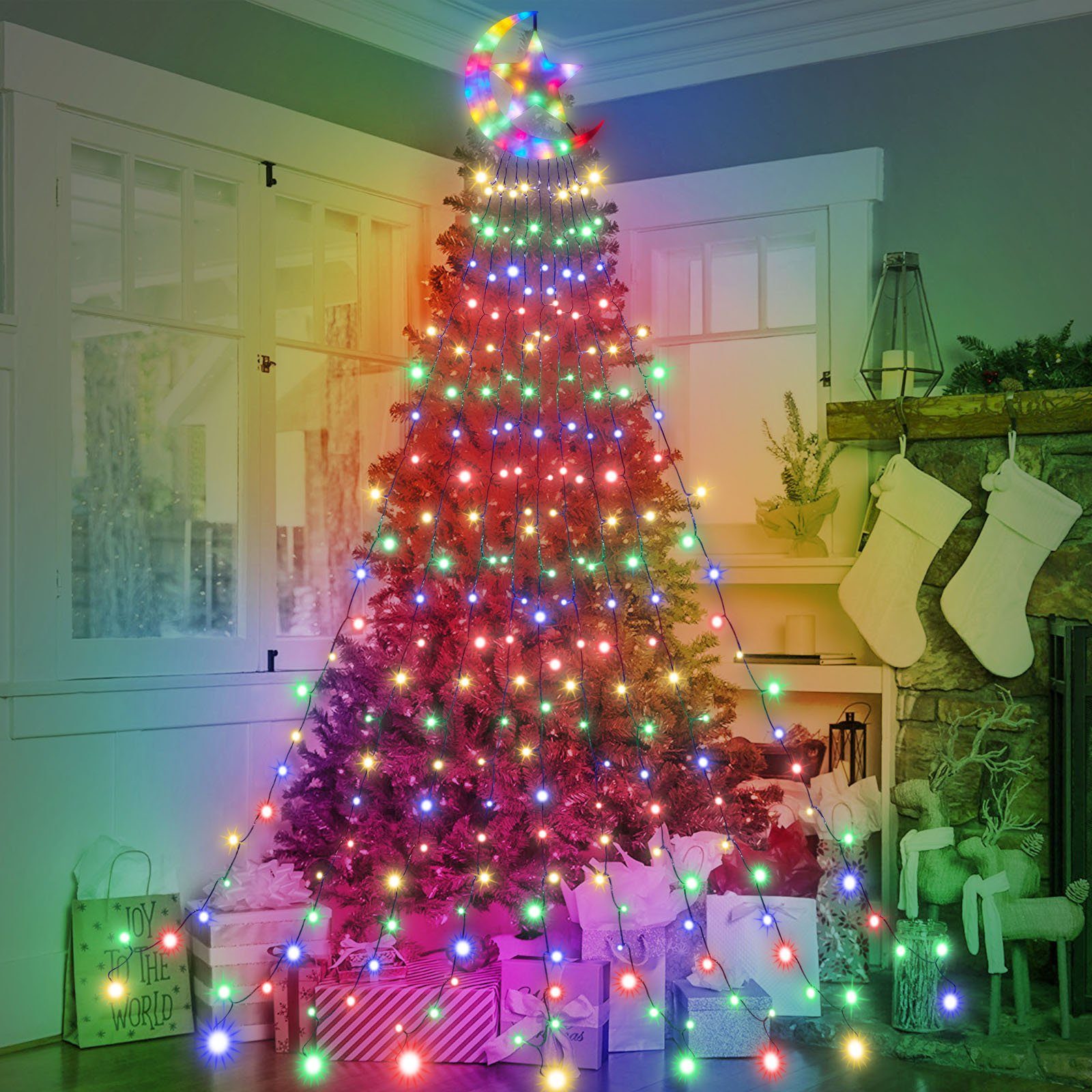 Laybasic LED-Lichterkette LED Star,350 Christbaumbeleuchtung,8-Modi,Timer,IP44 Weihnachtsbaum LEDs, mit Wasserdicht Moon Mehrfarbig Lichterkette 350-flammig, Topper