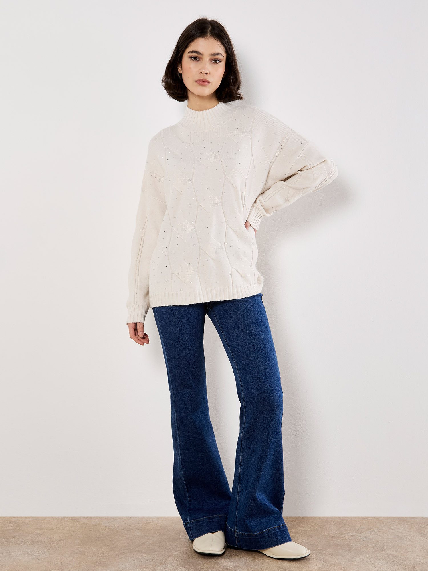 Apricot Strickpullover Zopfmusterpullover mit Strasssteinen günstig online kaufen