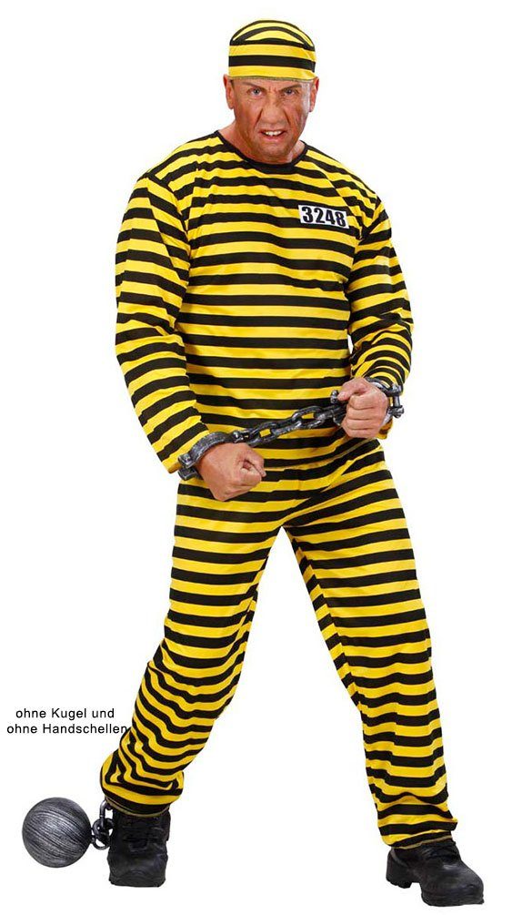 Karneval-Klamotten Kostüm Sträflingsanzug Herren gelb-schwarz mit Mütze,  Herrenkostüm Komplett Gefängnis-Anzug Knast Sträfling ohne Kugel