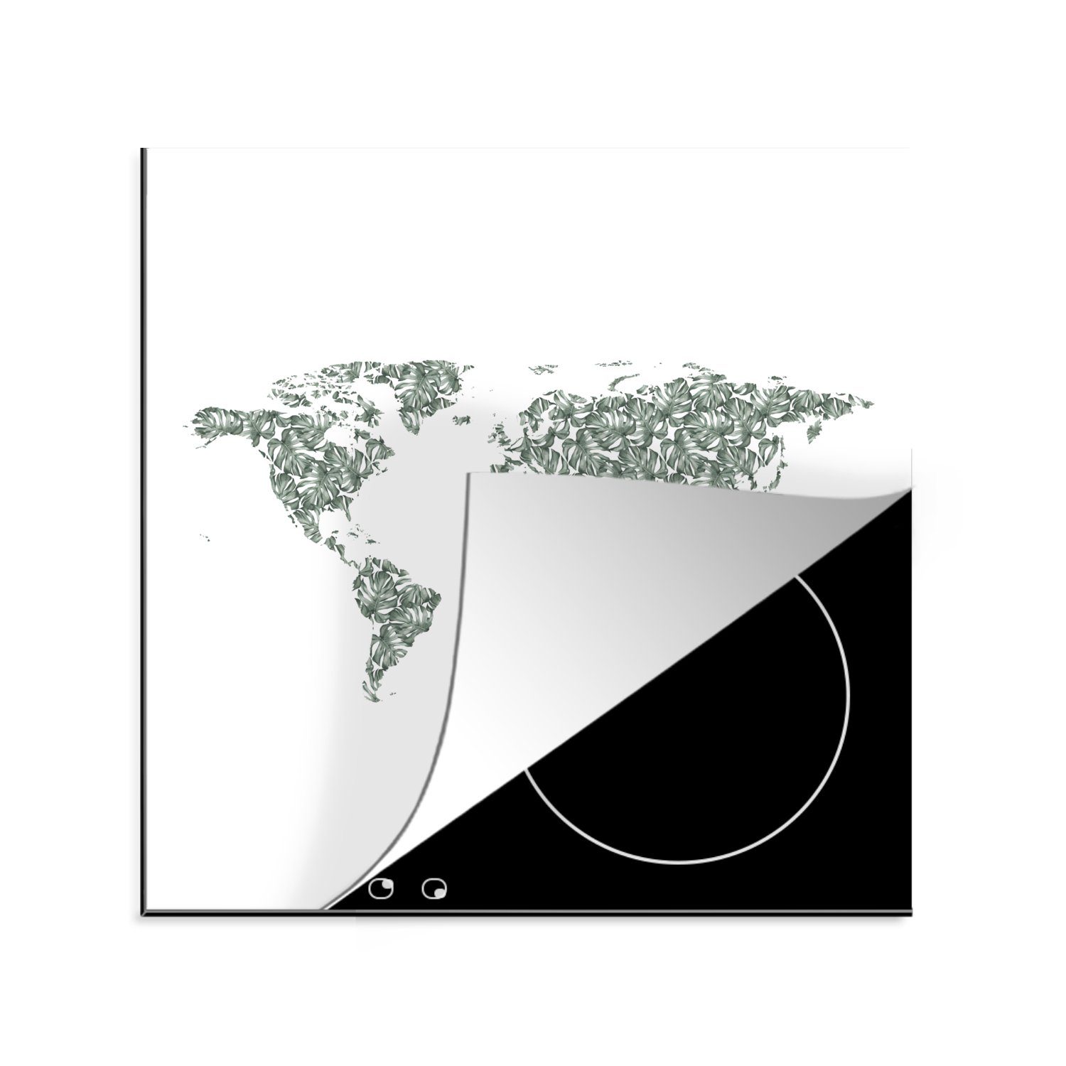 MuchoWow Herdblende-/Abdeckplatte Weltkarte - Blätter - Weiß, Vinyl, (1 tlg), 78x78 cm, Ceranfeldabdeckung, Arbeitsplatte für küche