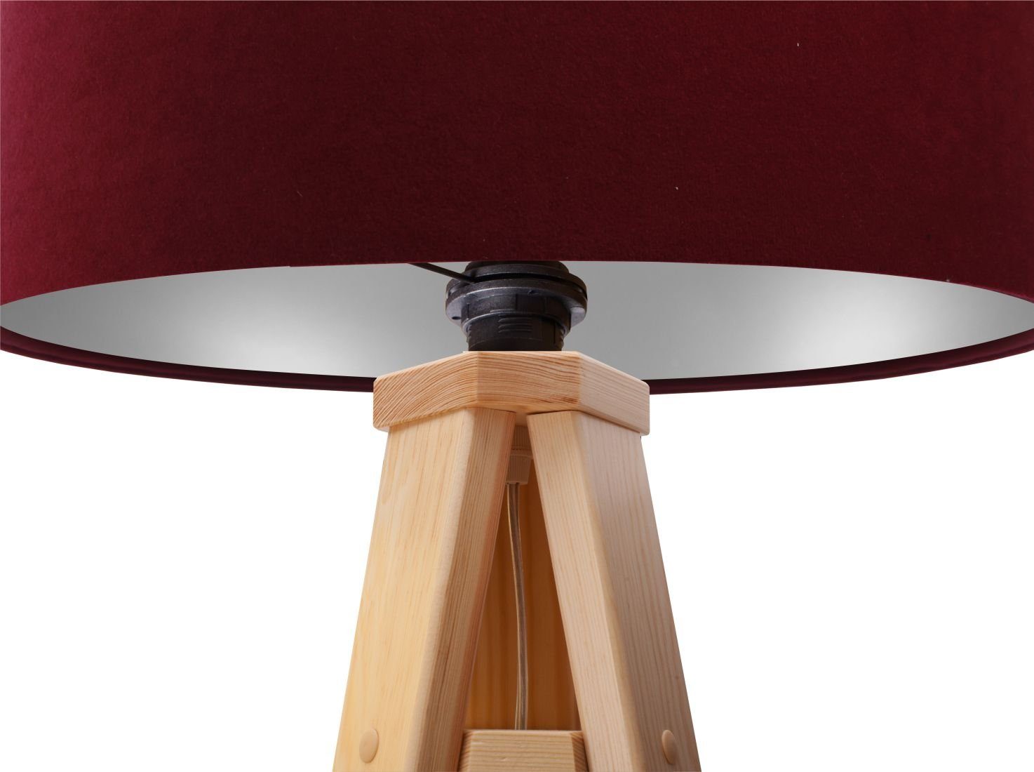 Licht-Erlebnisse Stehlampe AIMEE, ohne Leuchtmittel, Dreibein Standleuchte Bordeaux Rot Silver Holz Stoff klein Wohnzimmer