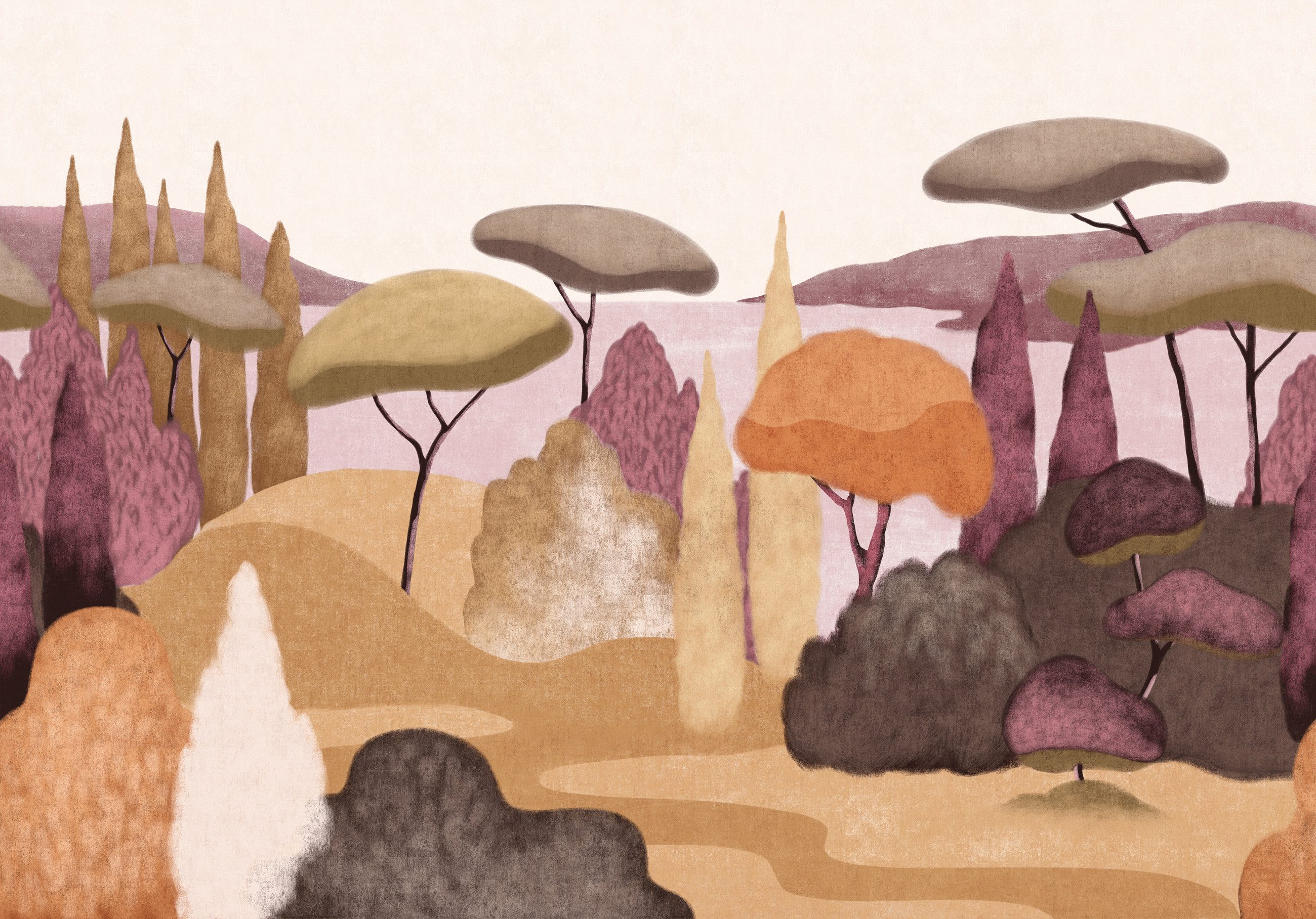 Rasch Fototapete Lago di Como in Lila, Roomblush - RB457, glatt, gemalt, Vintage, Naturmotive, pastellig, illustrativ, (1 St), Toskana