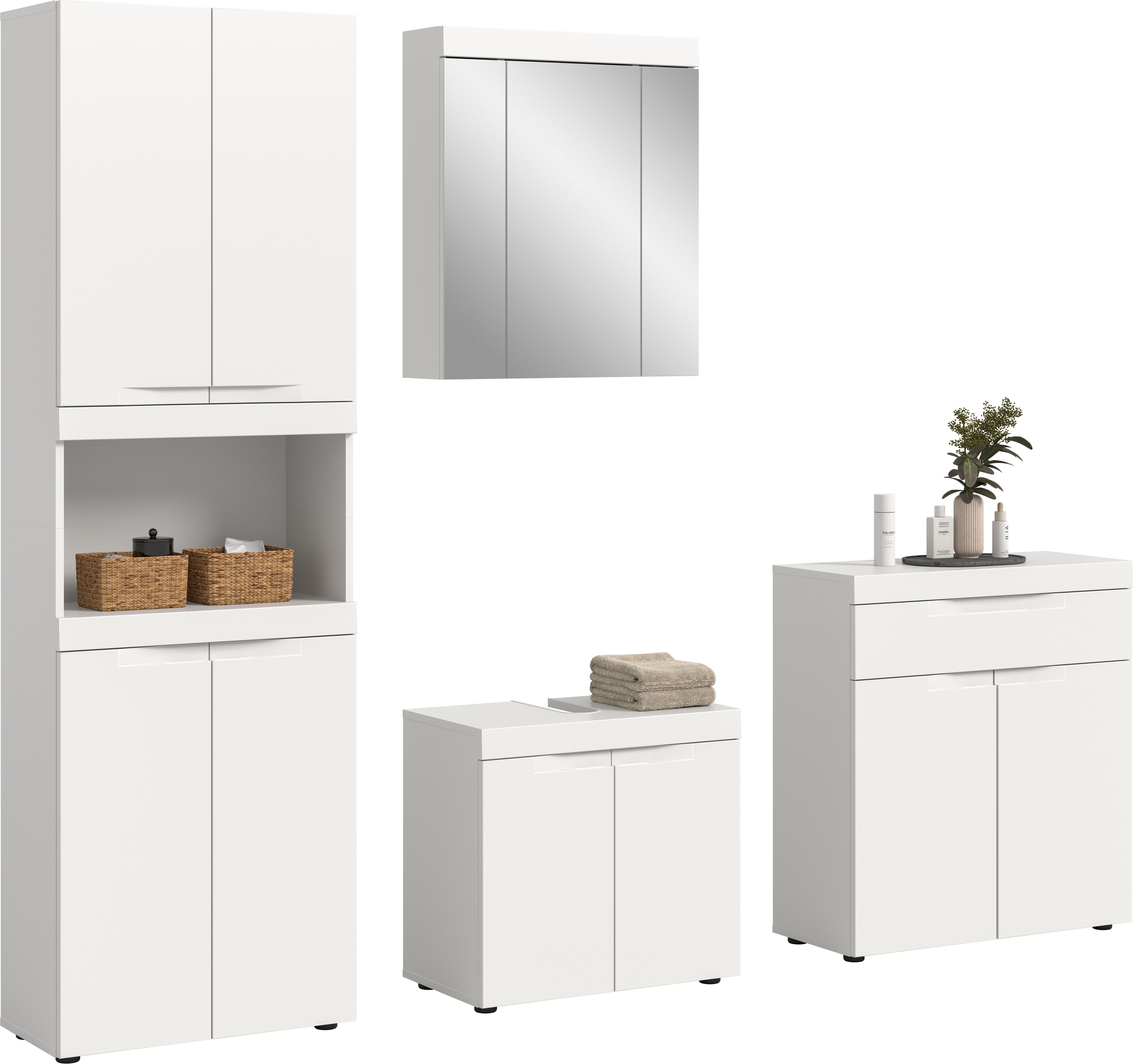 OTTO home Badmöbel-Set MAOI, 4-teilige Badkombination, hochwertige MDF Front, (Hochschrank, Spiegelschrank, Waschtisch inkl. Waschbecken & Badkommode), Bad-Kombination, Bad-Möbel, Badezimmer, Kombination, Kombi