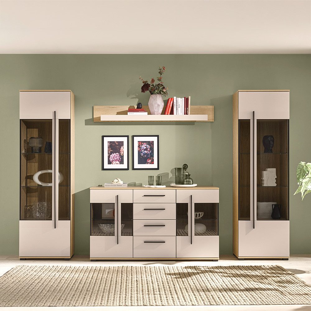 Lomadox Wohnwand COLORADO-61, (4-St., Vitrinen Sideboard Wandregal), Wohnzimmermöbel-Set in Beige mit Eiche