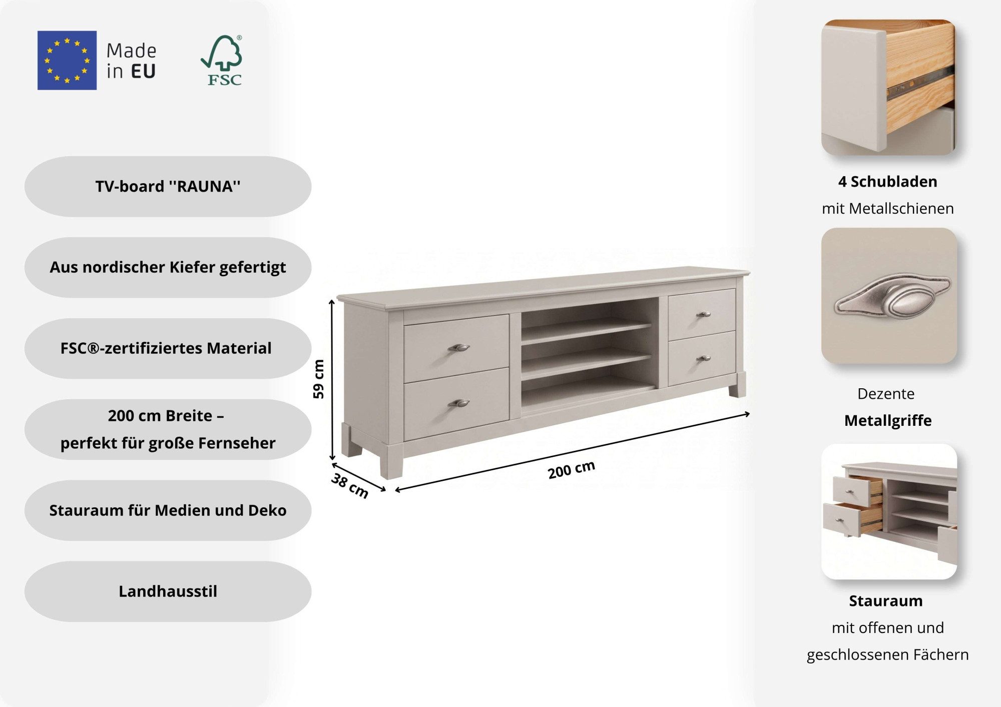 OTTO home Lowboard Rauna, TV-Bank, TV-Kommode, Landhausstil, Breite 200 cm, FSC®-zertifiziertes Massivholz, Kiefer