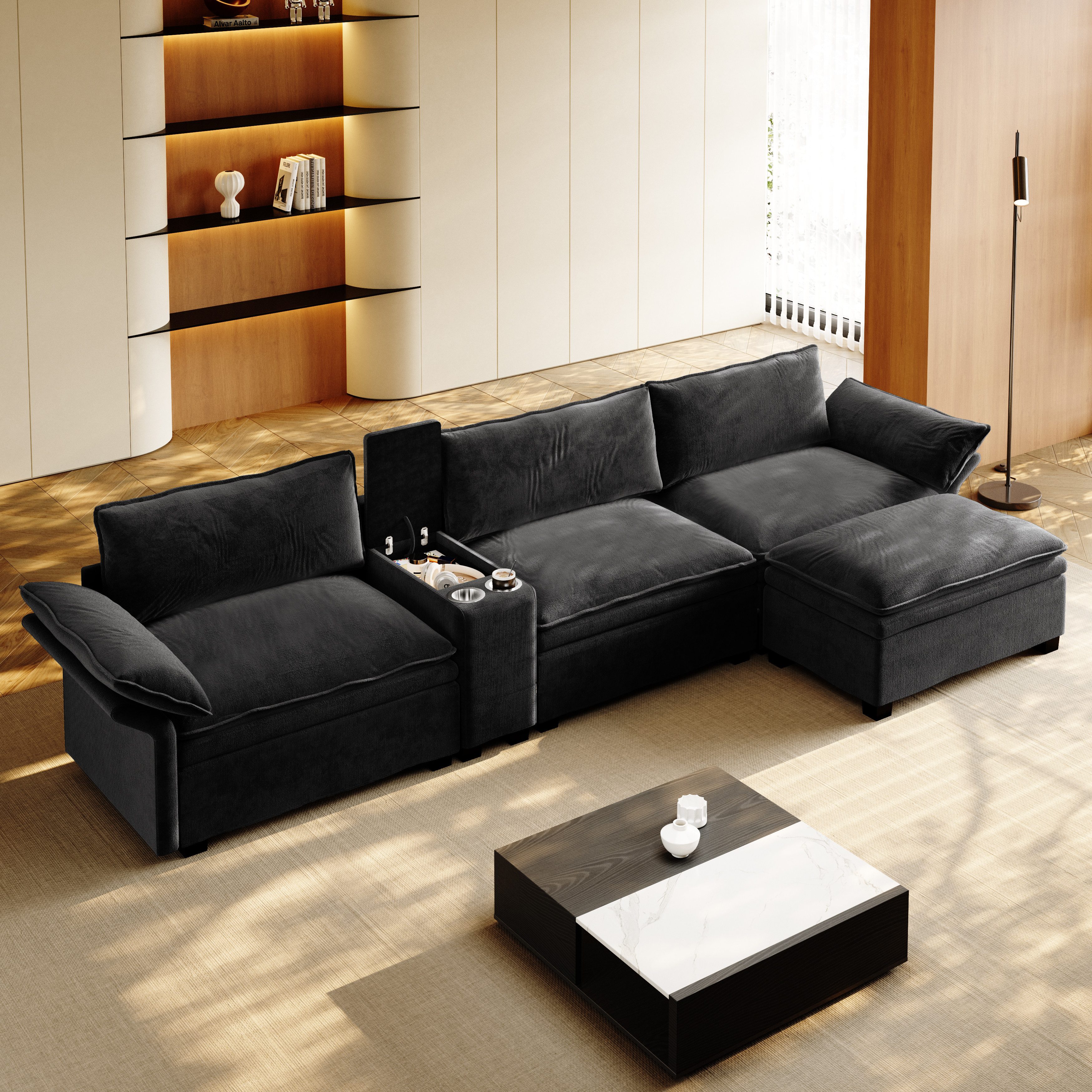 STILVORA Ecksofa 3 Sitzer Sofa L-förmige Chenille Wohnzimmersofa mit Ottoman, Modulares L-Sofa 315cm, Cloud Couch, Ottoman, Chenille, Bluetooth, Licht, kabelloses Laden, flexibel, komfortabel