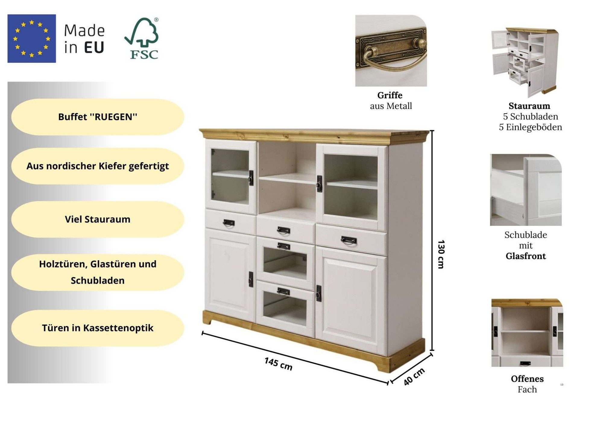 OTTO home Sideboard Rügen, aus massiver Kiefer, Breite 145 cm, made in EU