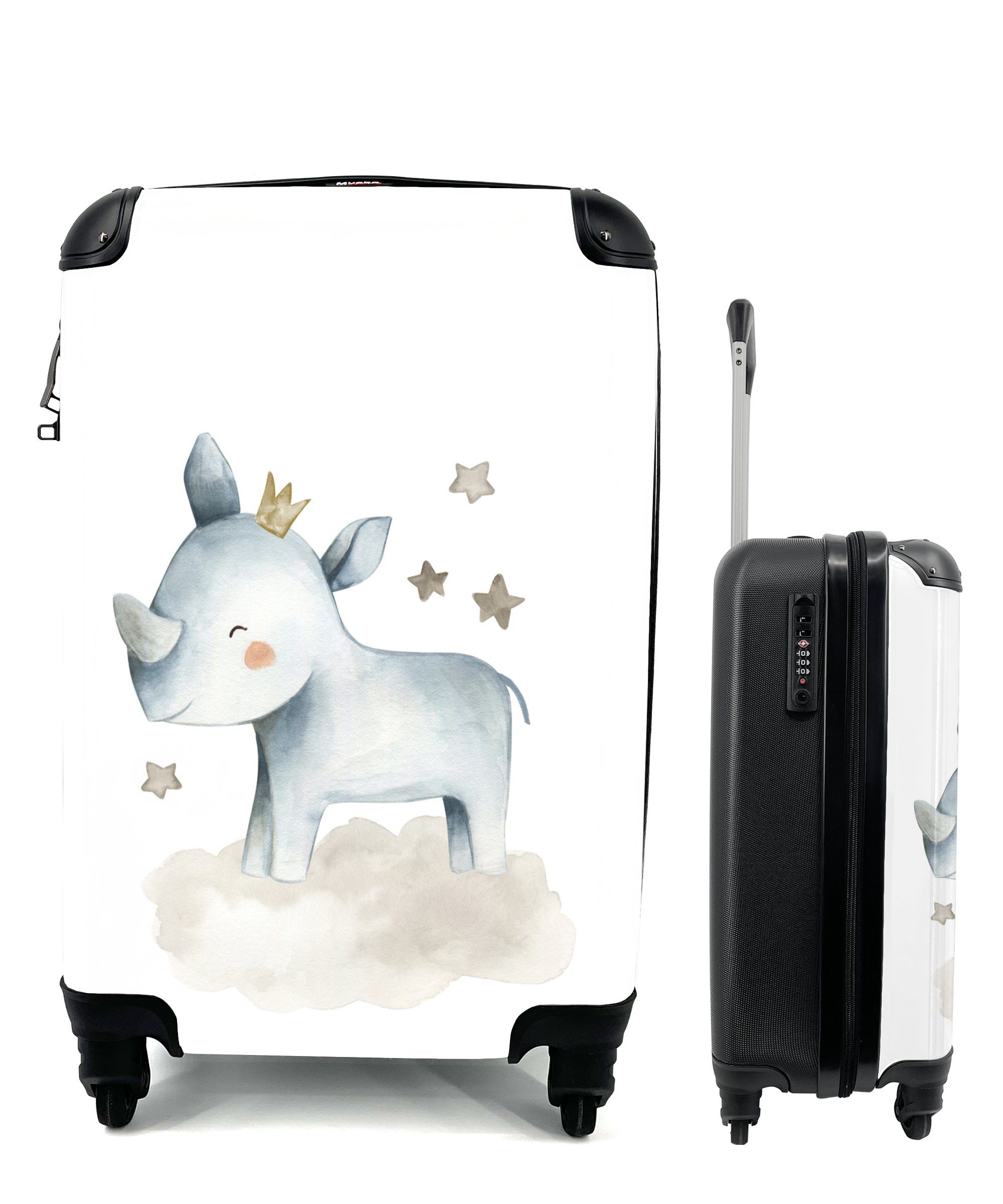Rollen, - Rhinozeros Reisekoffer 4 Reisetasche - mit Tiere, MuchoWow rollen, Kinder Trolley, Handgepäck Handgepäckkoffer für Ferien,