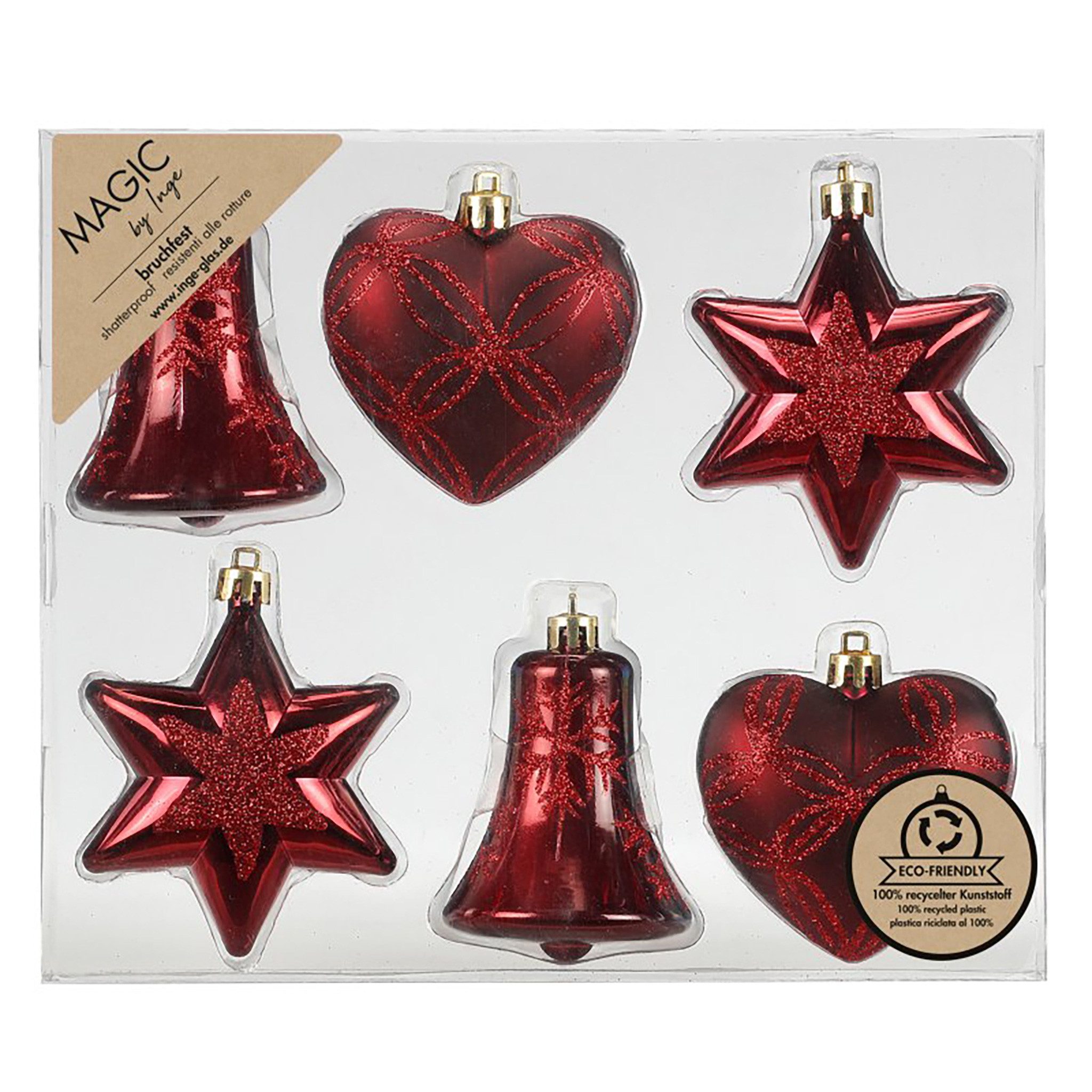 MAGIC by Inge Weihnachtsbaumkugel, Christbaumschmuck Formen Mix 9cm Kunststoff 6er Set - Morello Cherry