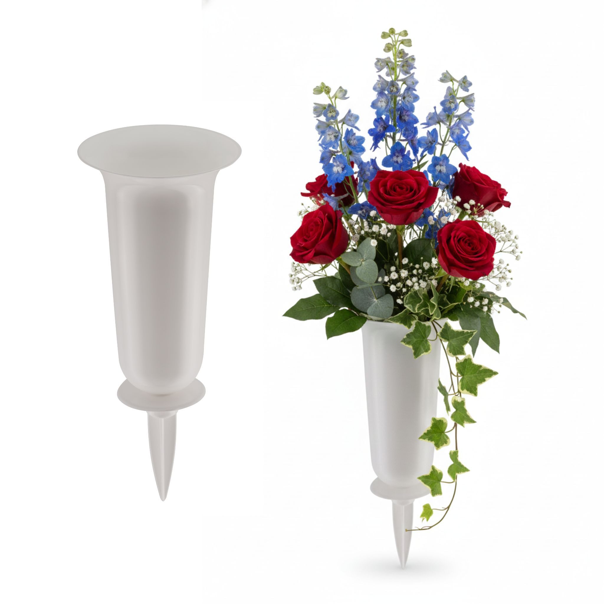 matches21 HOME & HOBBY Dekovase Grabvasen mit Erdspieß zum Stecken 2er Set 32 cm, weiss (2 St), Wetterfeste Grabschmuck Kunststoff Friedhofsvasen