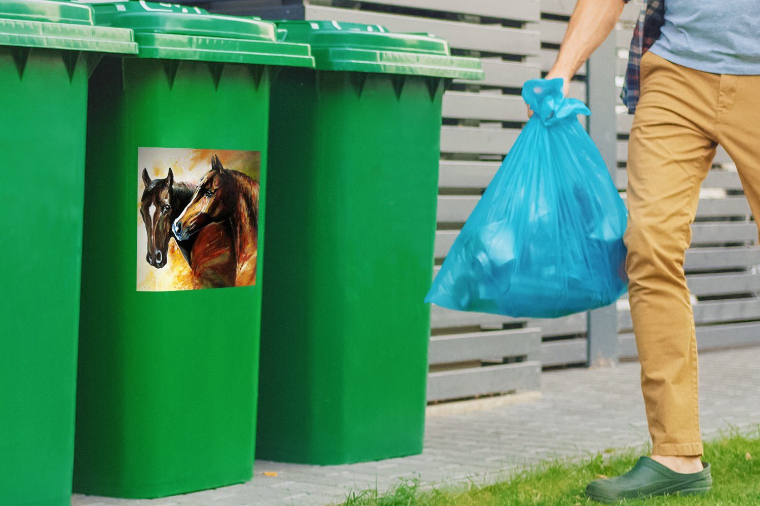 - MuchoWow (1 - Tiere Malerei Sticker, St), Mülleimer-aufkleber, Mülltonne, - Container, Pferde Ölgemälde Abfalbehälter Wandsticker