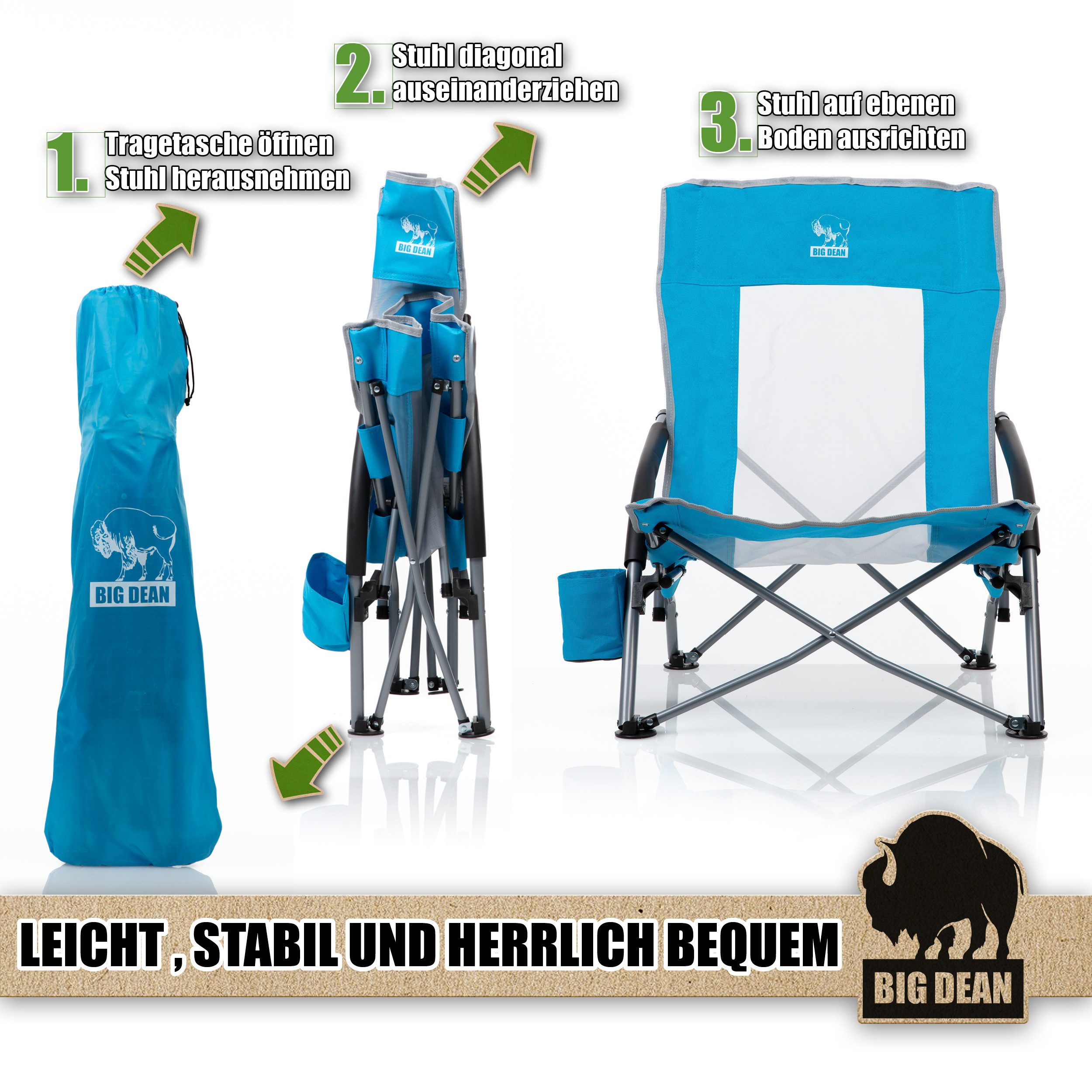 BigDean Faltstuhl Strandstuhl klappbar leicht stabil mit Getränkehalter (Packung, 1 St), UV-Beständig, Tragetasche, Extrabreite Standfüße